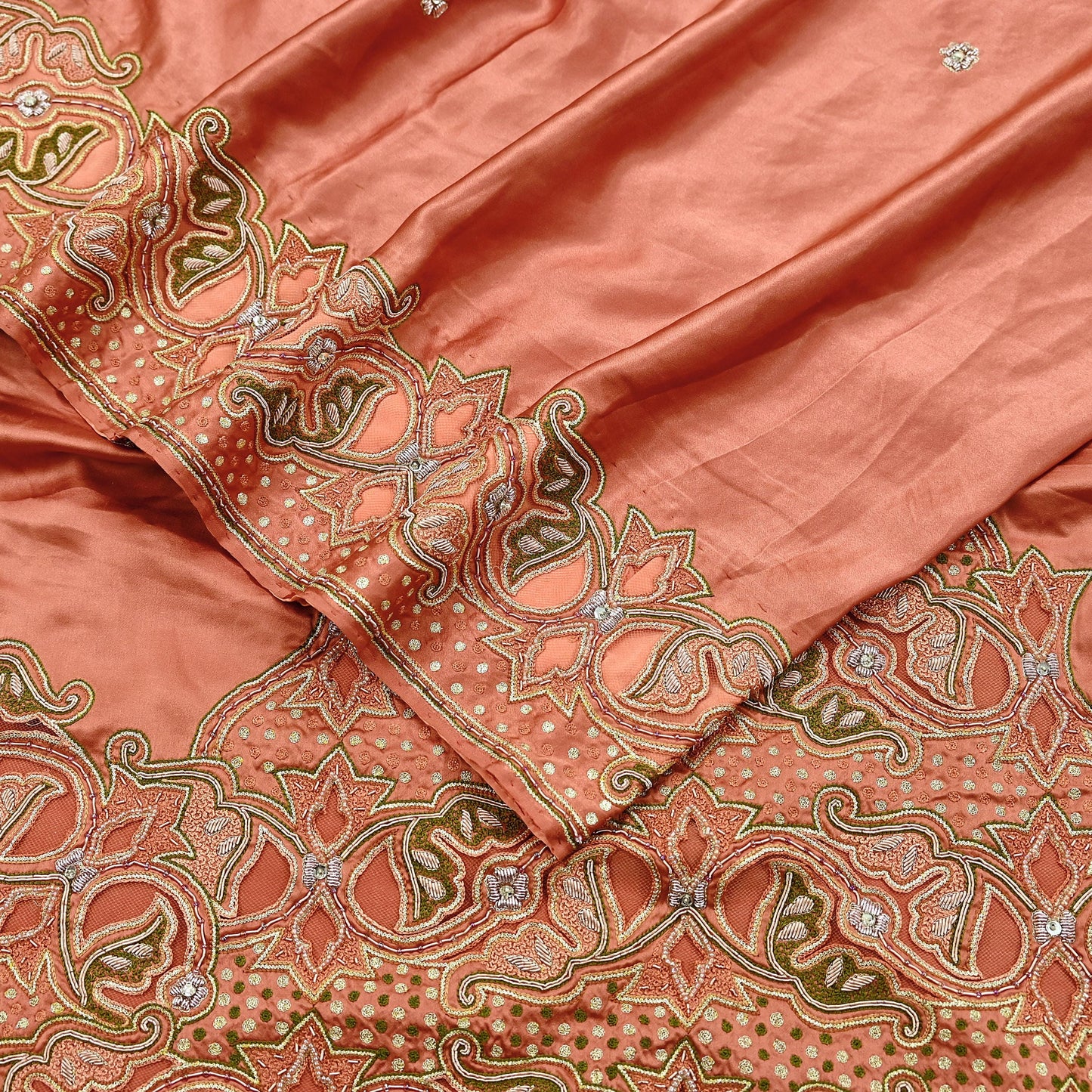 Indian Vintage Heavy Peach Sari Hand Embroidered Saree 100% Pure Satin Silk Craft Fabric 5yd Soft Dress making Wedding/Party Wear Zardozi