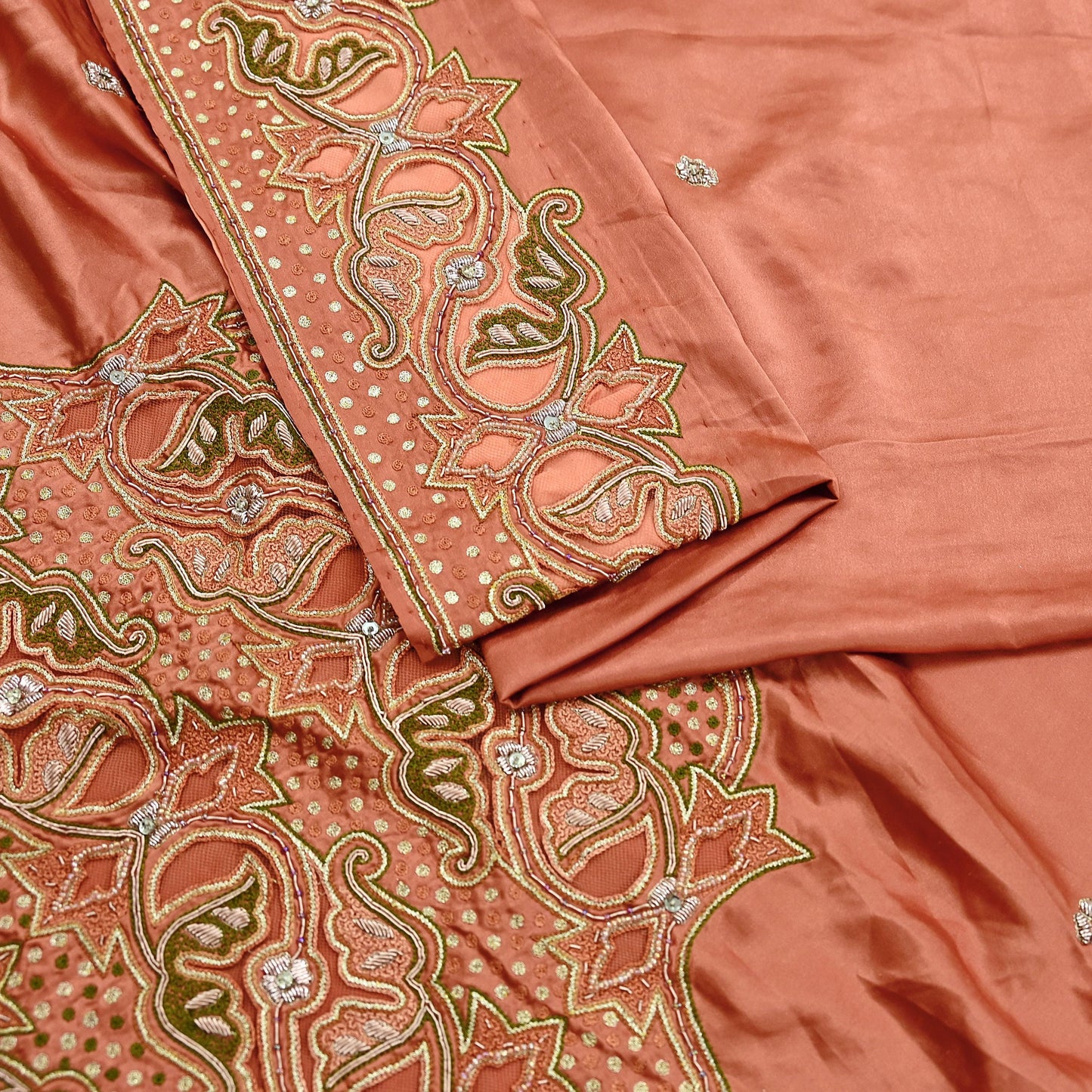 Indian Vintage Heavy Peach Sari Hand Embroidered Saree 100% Pure Satin Silk Craft Fabric 5yd Soft Dress making Wedding/Party Wear Zardozi