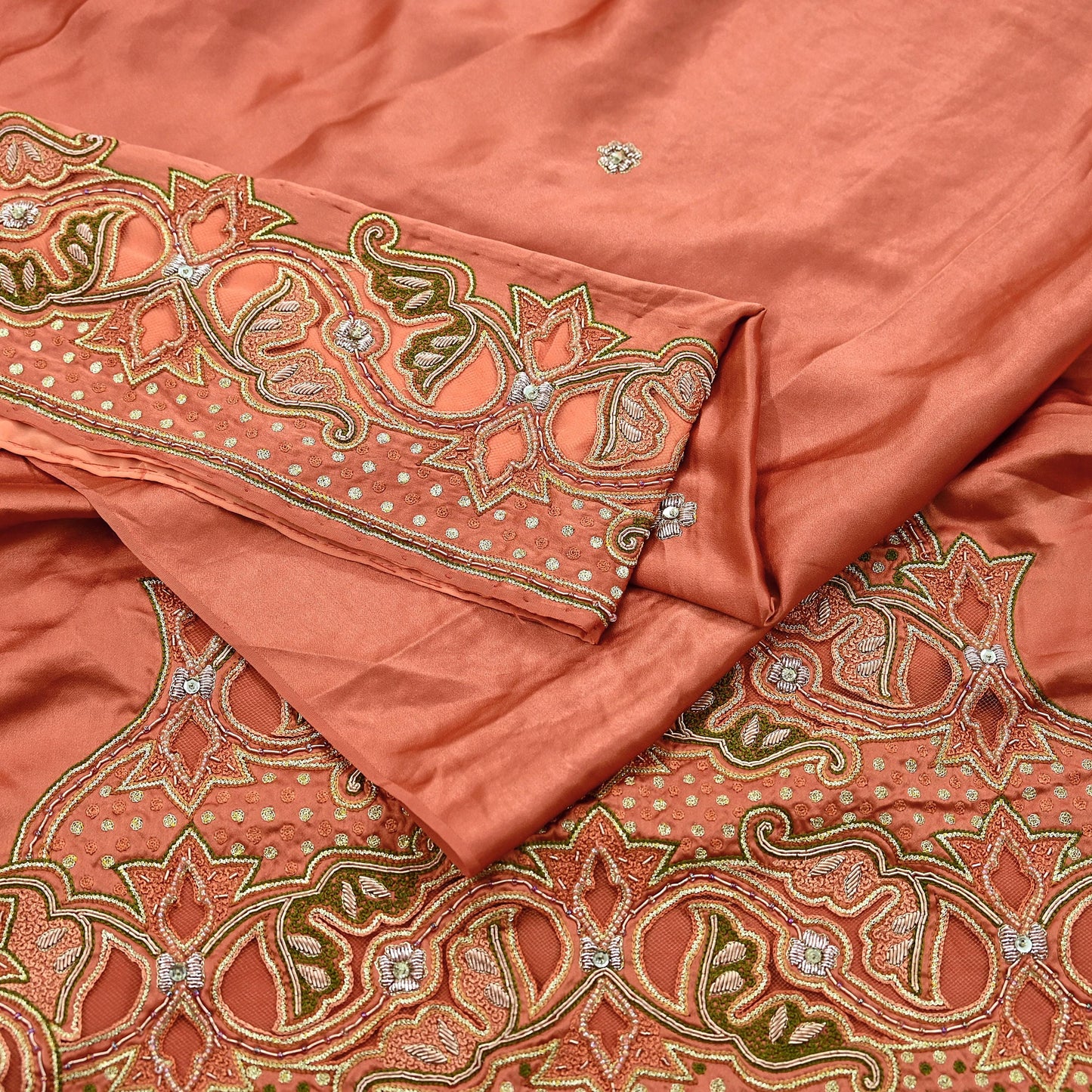 Indian Vintage Heavy Peach Sari Hand Embroidered Saree 100% Pure Satin Silk Craft Fabric 5yd Soft Dress making Wedding/Party Wear Zardozi