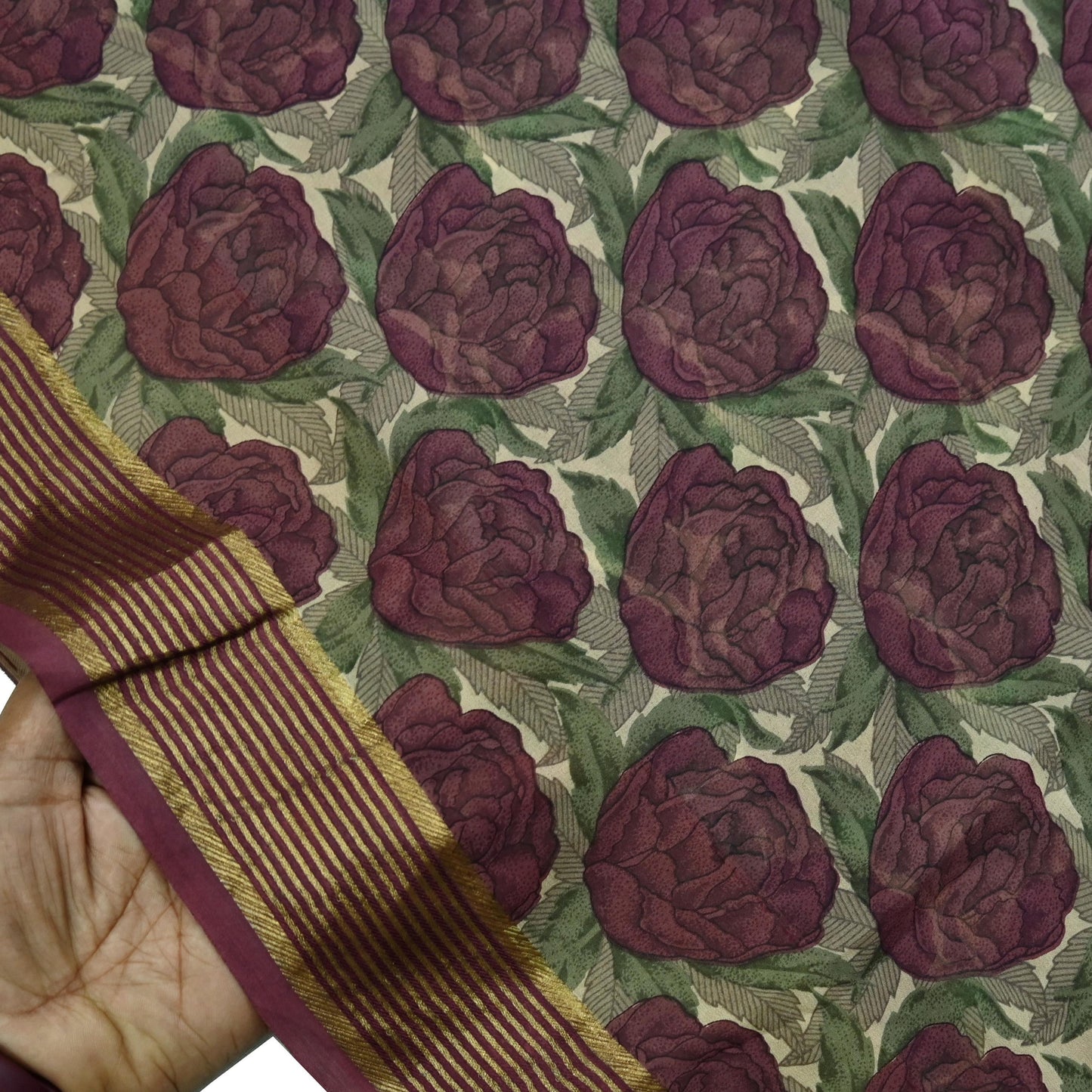 Women Vintage Sari Beige & Maroon Pure Georgette Silk Printed Saree Craft Fabric Sewing 5Yard Soft Light Dress Making Floral Zari