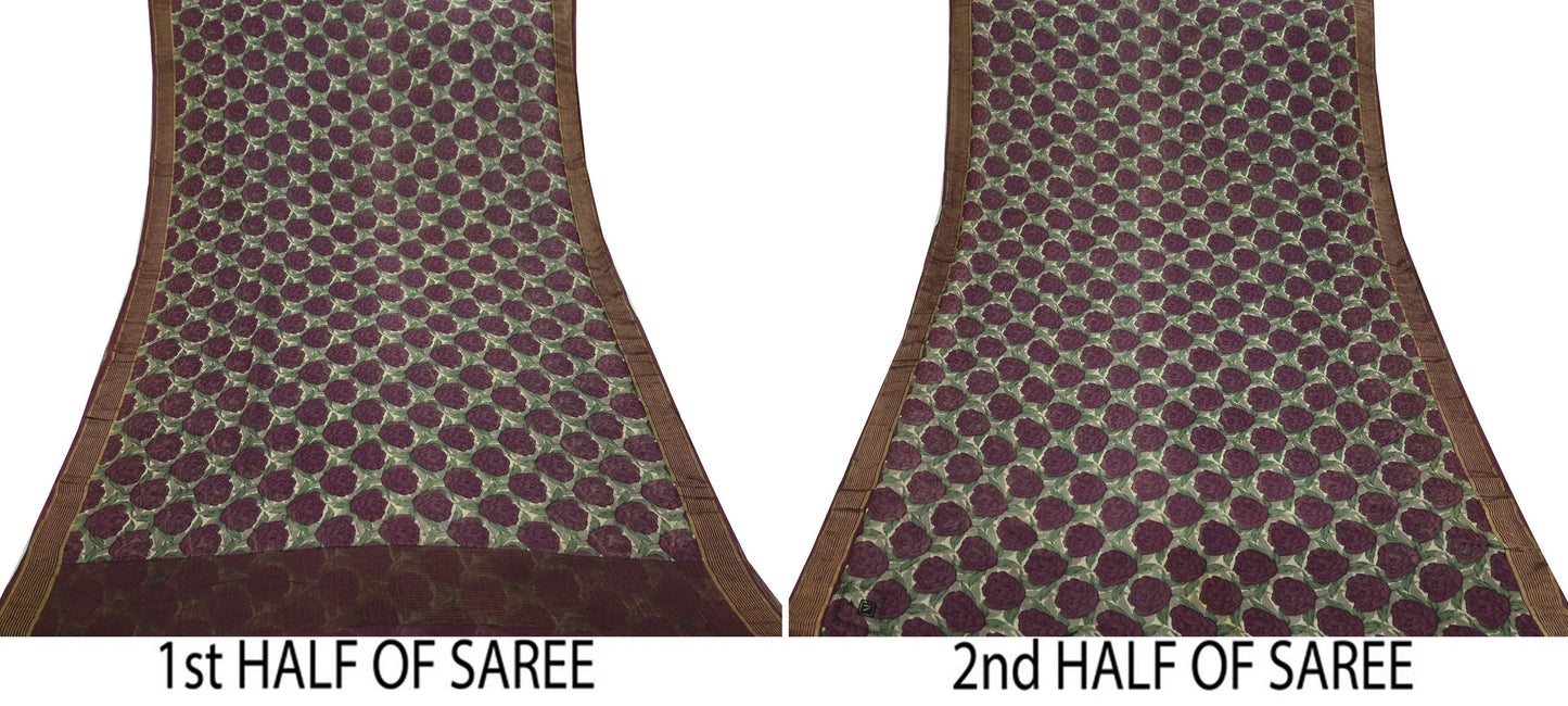 Women Vintage Sari Beige & Maroon Pure Georgette Silk Printed Saree Craft Fabric Sewing 5Yard Soft Light Dress Making Floral Zari