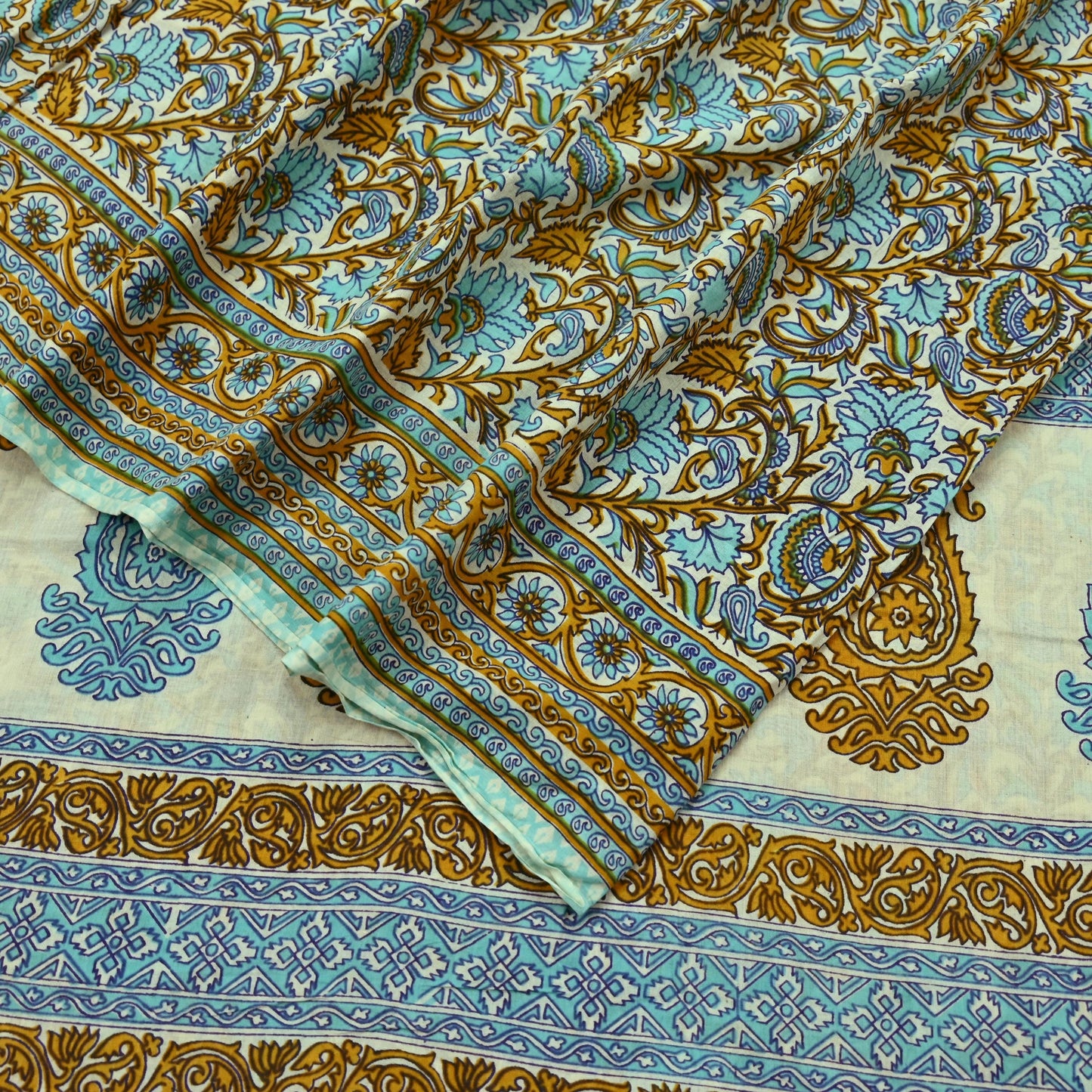 Indian Vintage Sari Ivory Block Printed Pure Cotton Sarees 5Yd Craft Fabric Sewing Sarong Wrap Boho Upcycle quilting Dress making