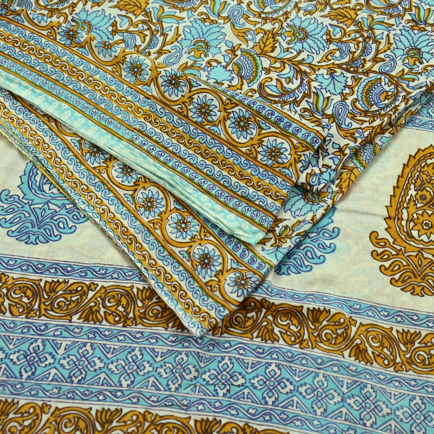 Indian Vintage Sari Ivory Block Printed Pure Cotton Sarees 5Yd Craft Fabric Sewing Sarong Wrap Boho Upcycle quilting Dress making