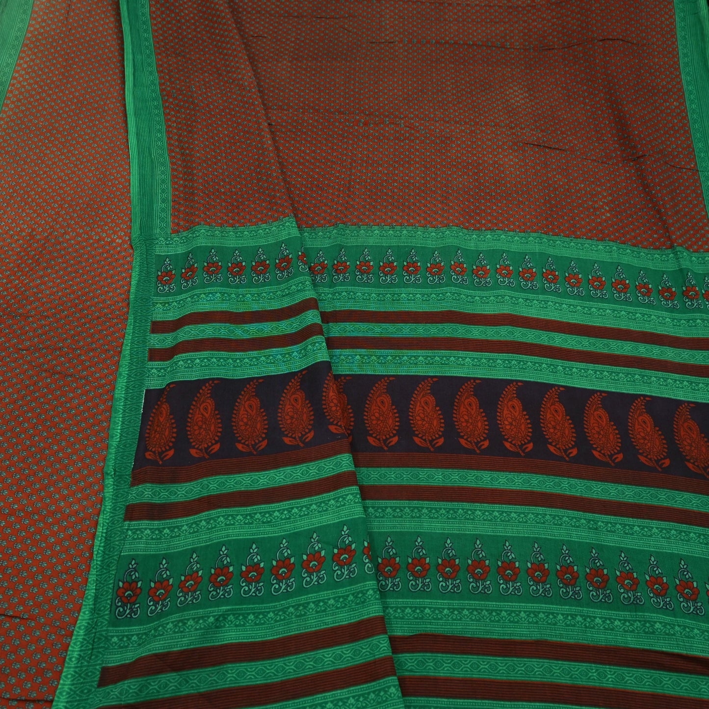 Indian Vintage Sari Green & Orange Printed Pure Cotton Sarees Craft Fabric Soft 5Yd Sewing Sarong Wrap Boho Floral Upcycle Dress making