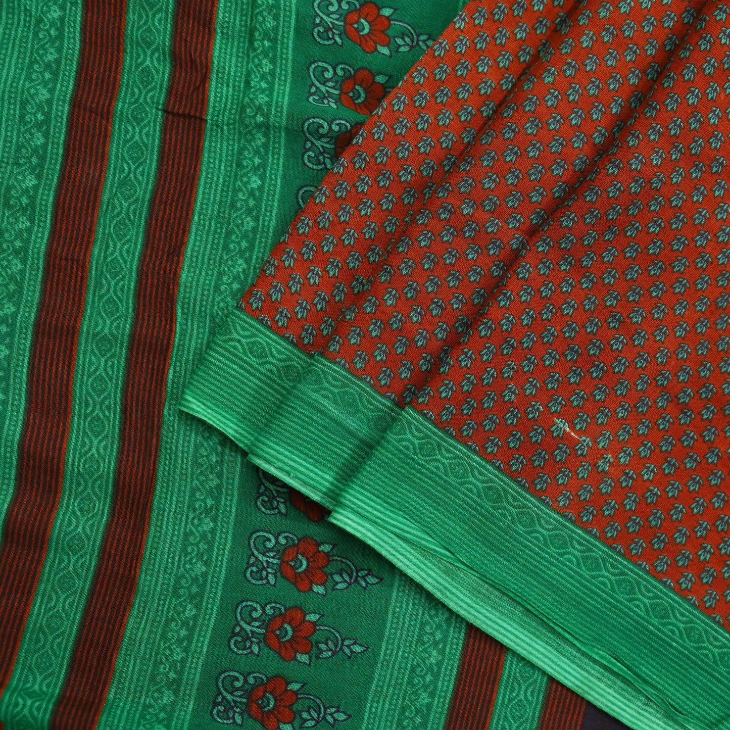 Indian Vintage Sari Green & Orange Printed Pure Cotton Sarees Craft Fabric Soft 5Yd Sewing Sarong Wrap Boho Floral Upcycle Dress making