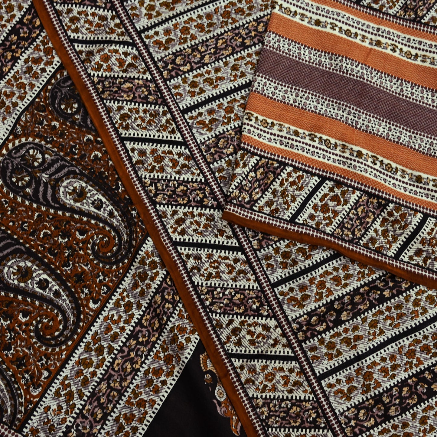 Indian Vintage Sari Brown & Ivory Printed 100% Pure Satin Silk Sarees 5yd Sewing Craft Fabric Dress Making Wrap Upcycle Quilting Crafting
