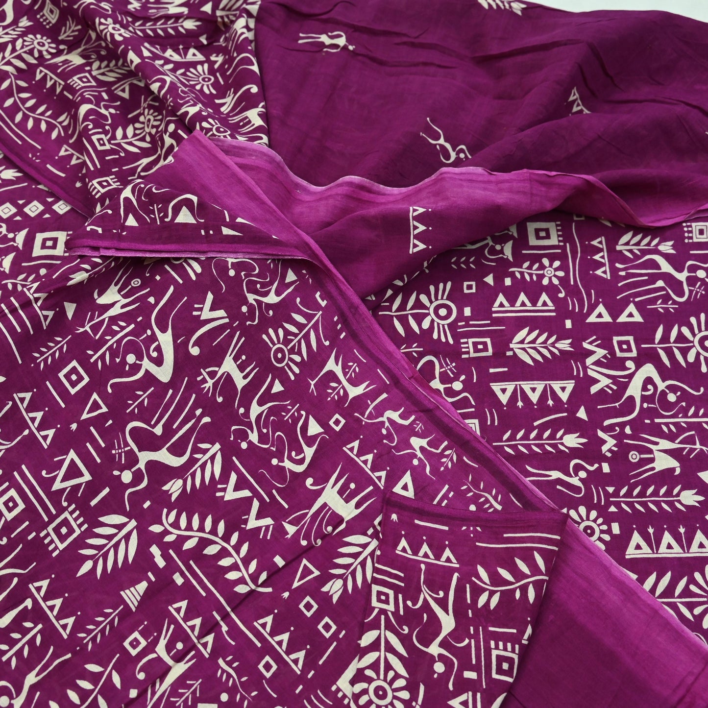 Indian Vintage Sari Purple & Ivory Warli Printed Saree 100% Pure Cotton 5Yd Craft Fabric Soft Sewing Sarong Wrap Quilting Dress Making