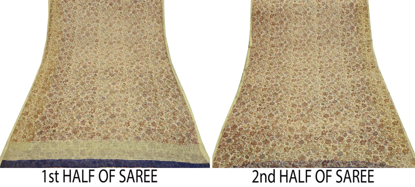 Indian Women Vintage Beige Saree Pure Chiffon Silk Printed Sari Craft Fabric Sewing 5Yd Soft Light Sari Dress Making Zari
