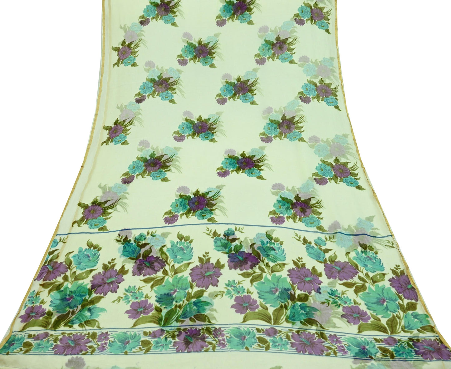 Indian Women Vintage Ivory Saree Blend Chiffon Printed Sari Sewing 5yd Soft Craft Fabric Floral Design Wrap Boho Zari