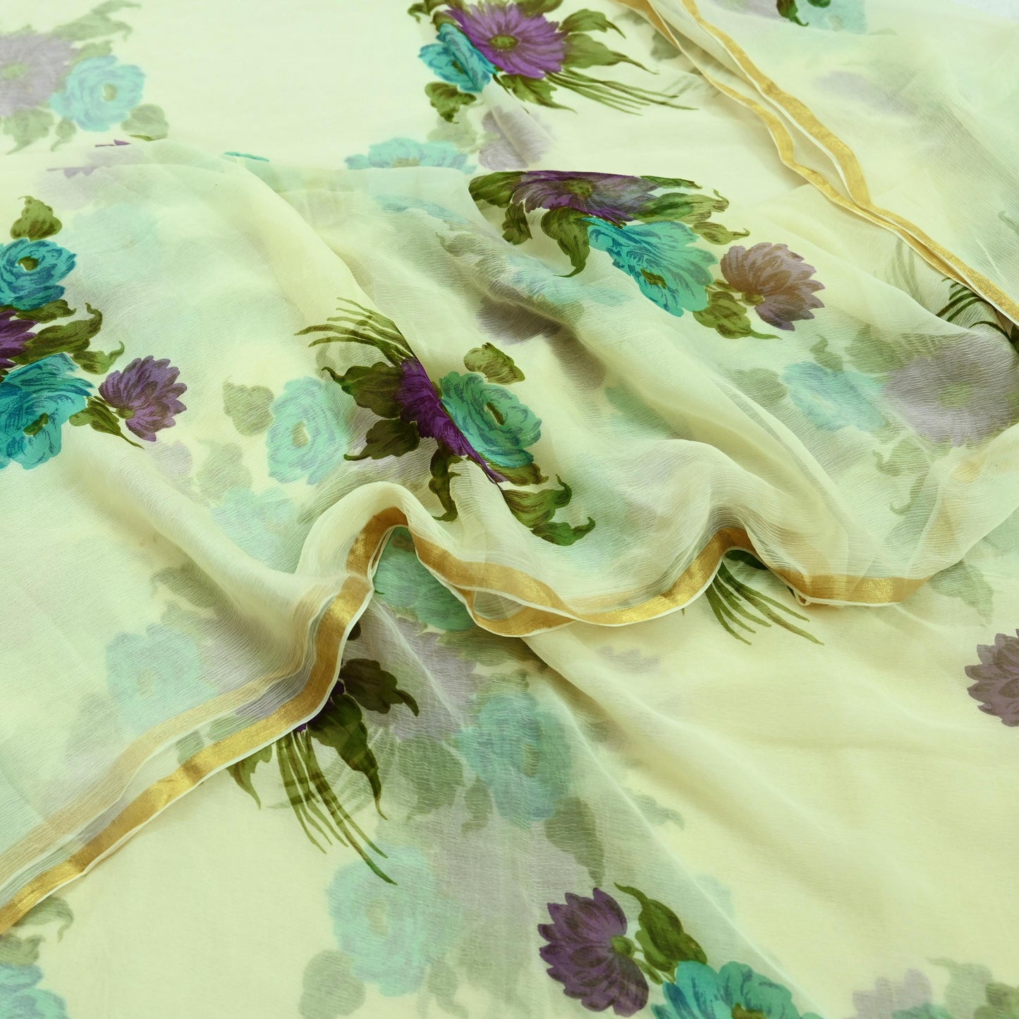 Indian Women Vintage Ivory Saree Blend Chiffon Printed Sari Sewing 5yd Soft Craft Fabric Floral Design Wrap Boho Zari