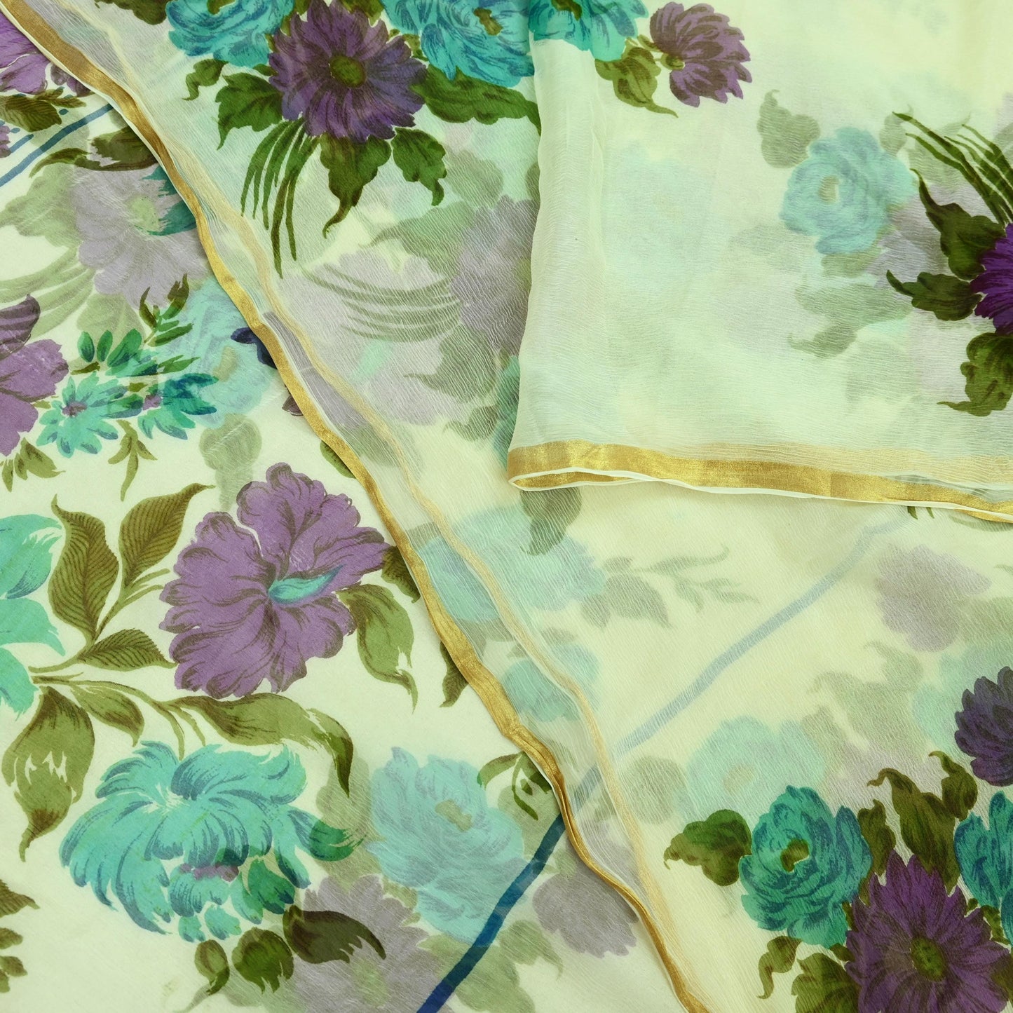 Indian Women Vintage Ivory Saree Blend Chiffon Printed Sari Sewing 5yd Soft Craft Fabric Floral Design Wrap Boho Zari