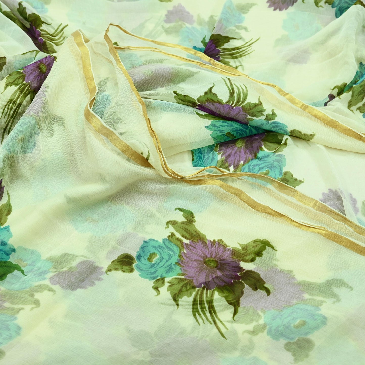 Indian Women Vintage Ivory Saree Blend Chiffon Printed Sari Sewing 5yd Soft Craft Fabric Floral Design Wrap Boho Zari