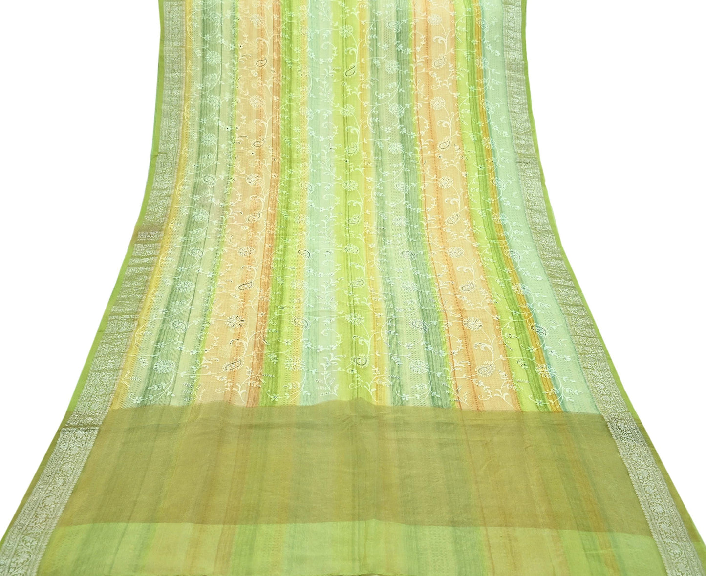 Indian Vintage Multi Heavy Saree Hand Embroidered Pure Organza Silk Indian Sari Fabric 5Yard Ethnic Floral Zari Dress making Crafting