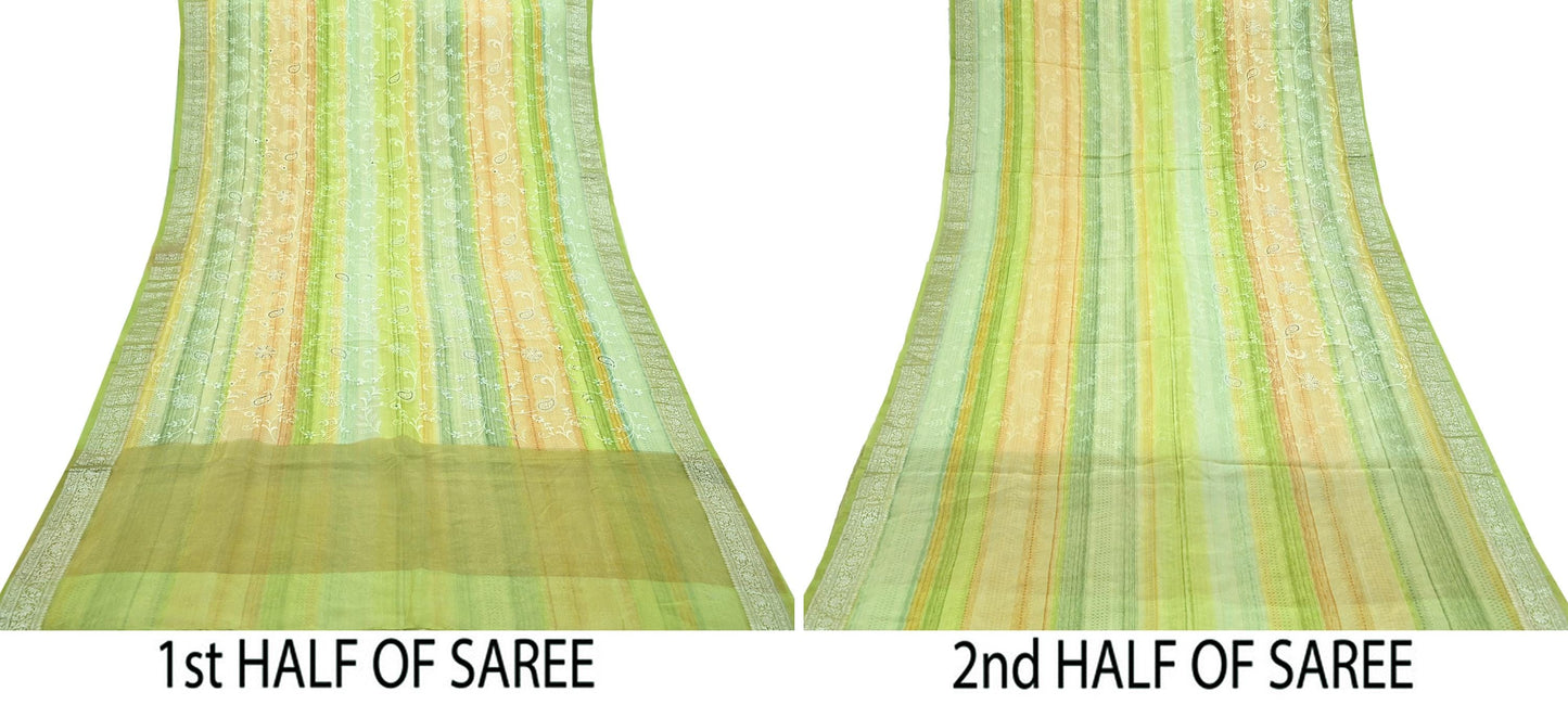 Indian Vintage Multi Heavy Saree Hand Embroidered Pure Organza Silk Indian Sari Fabric 5Yard Ethnic Floral Zari Dress making Crafting