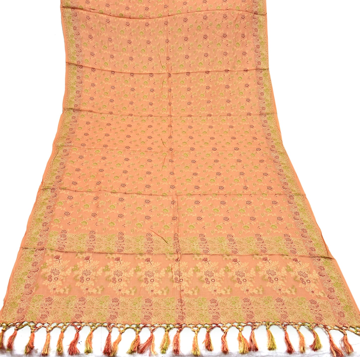 Indian Vintage Dupatta Peach Long Stole Pure Silk Hand Woven Scarves Veil Scarf Wrap Floral