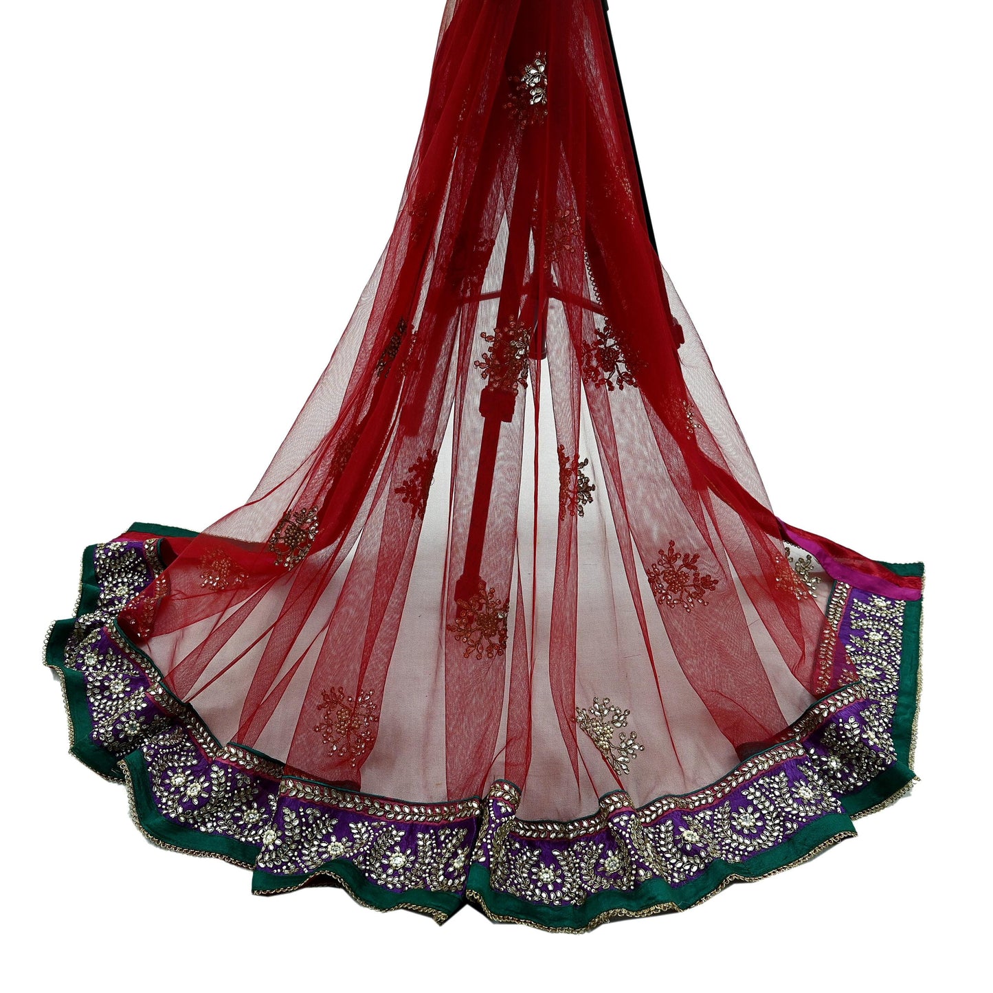 Indian Vintage Maroon Dupatta Net Mesh Long Stole Hand Embroidered Scarves Golden Zardozi Zari Sequins Hijab Veil wrap Boho