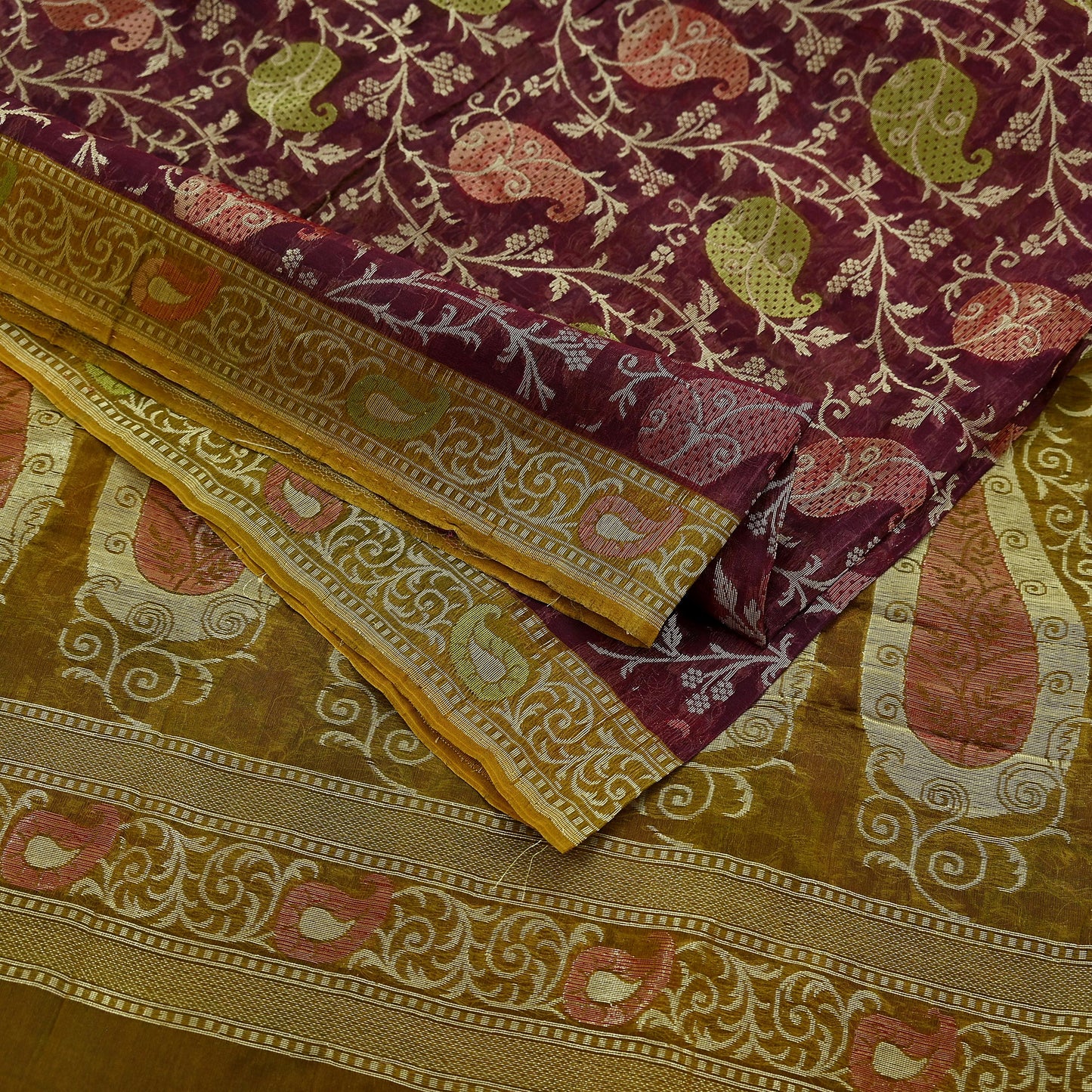 Indian Vintage Sari Green & maroon Hand Woven 100% Pure Organza Silk Saree Craft Fabric 5Yd Dress Making Crafting Quilting Upcycle Fringes