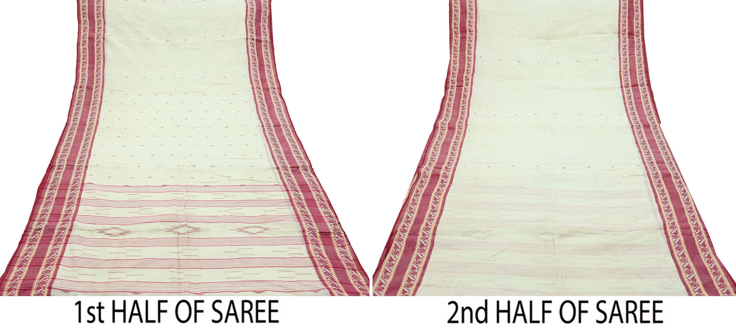 Indian Vintage Sari Ivory Pure Cotton Bengali Handloom Tant Sarees Craft Fabric 5Yd Sewing Soft Crafting Dress making Upcycle Quilting