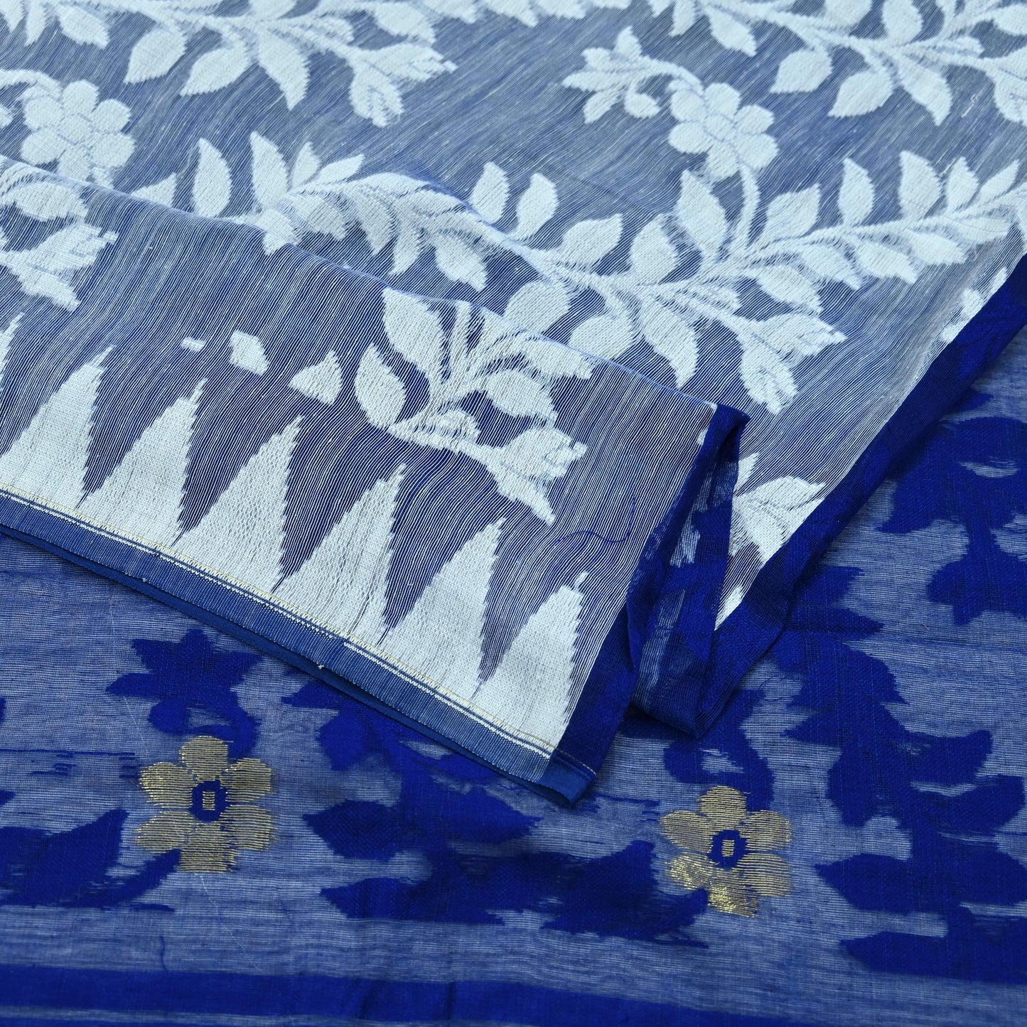 Indian Vintage Sarees White & Blue Cotton Hand Woven Jamdani Sari 5yd Ethnic Floral Craft Fabric Dress making Upcycle Crafting Quilting Zari