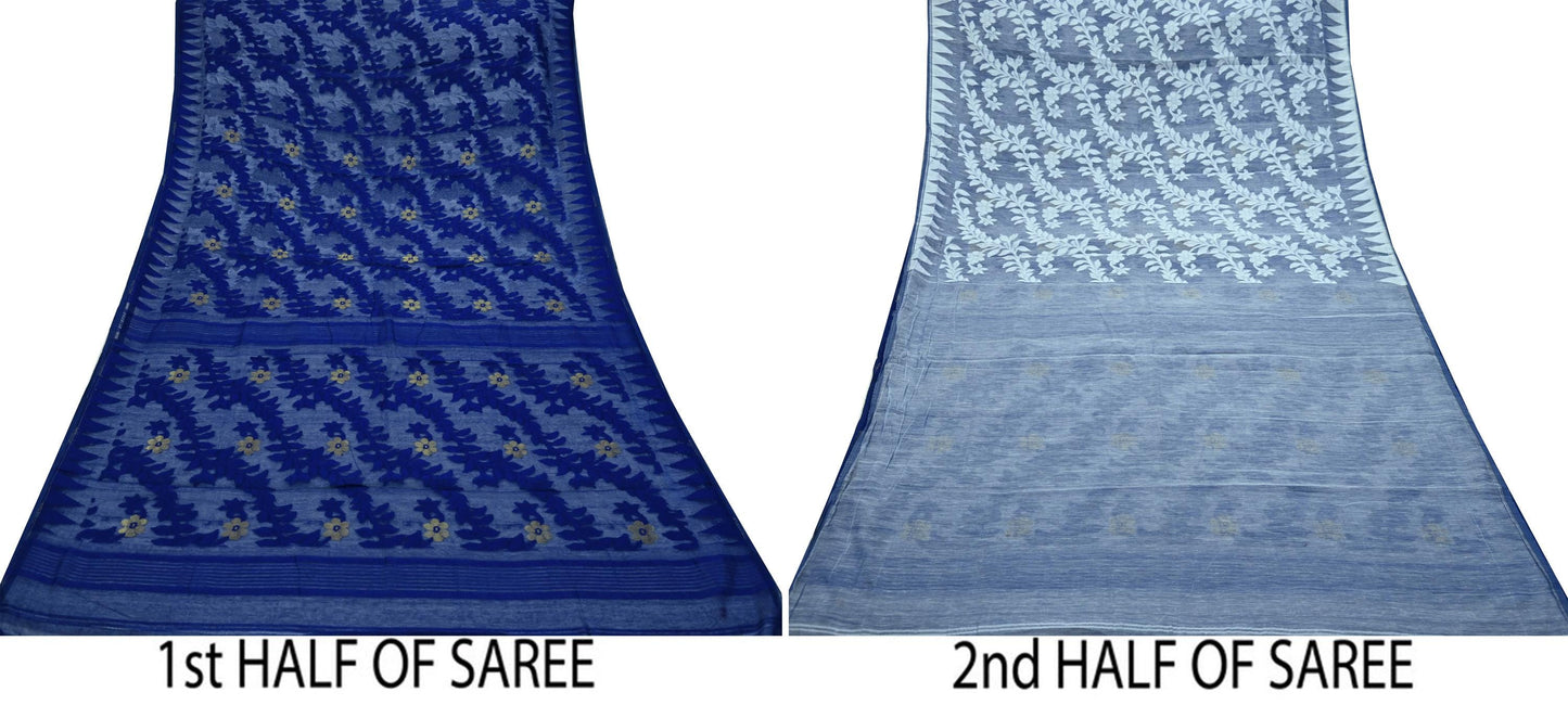 Indian Vintage Sarees White & Blue Cotton Hand Woven Jamdani Sari 5yd Ethnic Floral Craft Fabric Dress making Upcycle Crafting Quilting Zari