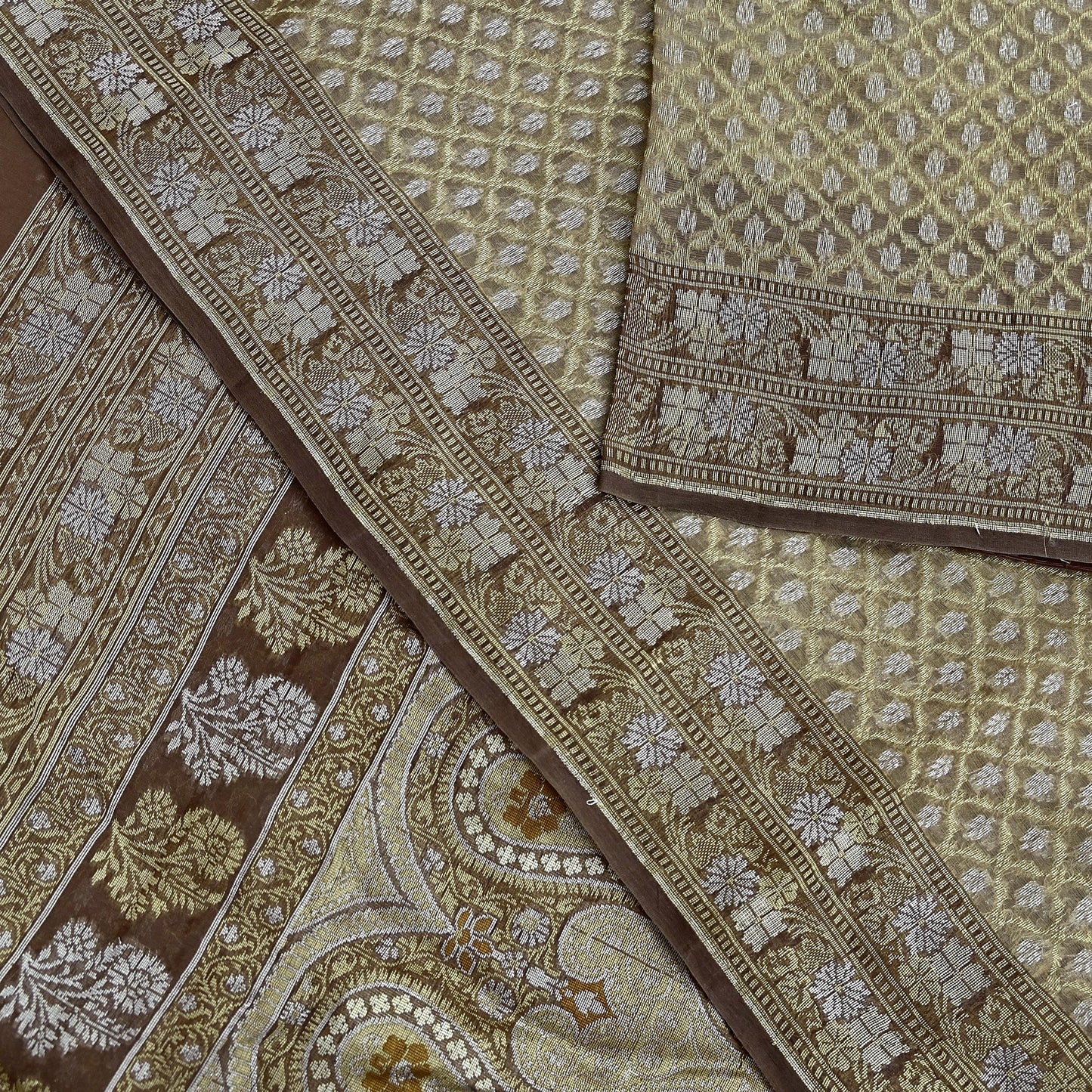 Indian Vintage Sari Brown 100% Pure Silk Hand Woven Sarees Craft Fabric 5Yd Ethnic Sewing Dress making Crafting Quilting Upcycle