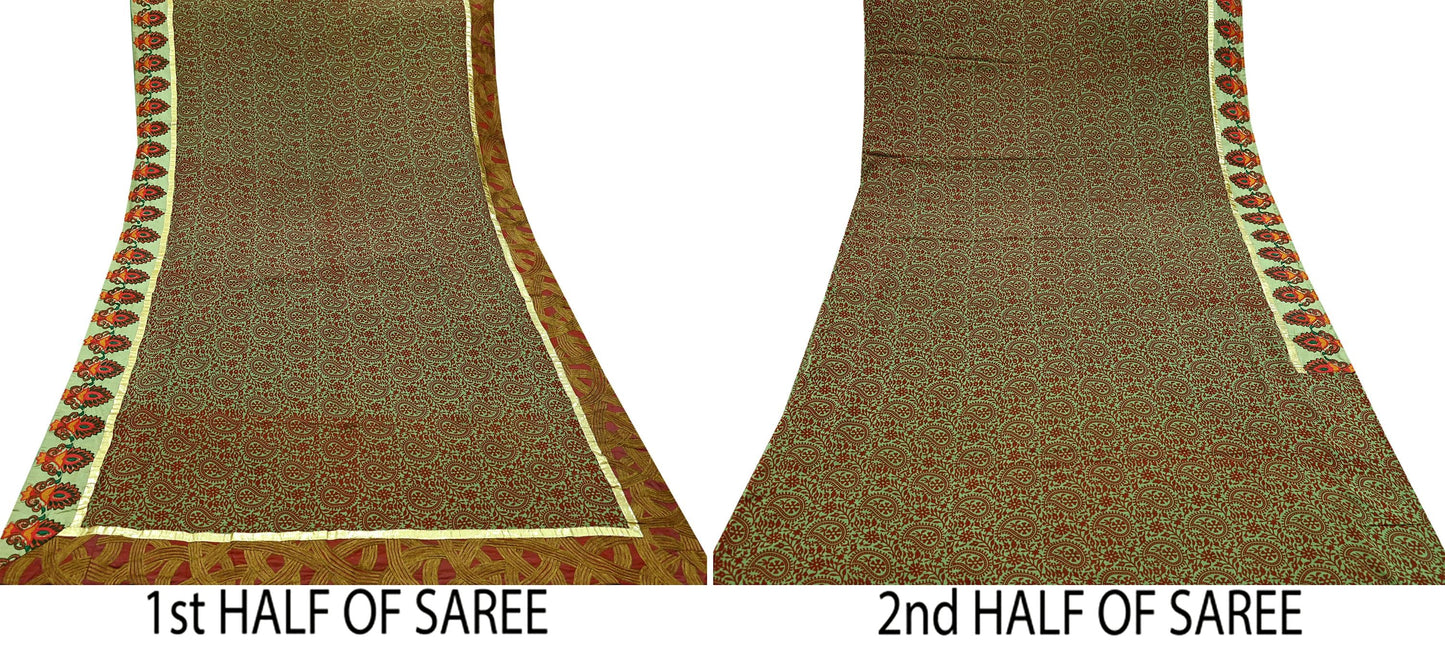 Indian Vintage Green Saree Pure Georgette Silk Hand Embroidered Sari Craft Fabric 5Yd Ethnic Soft Dress making Crafting Quilting