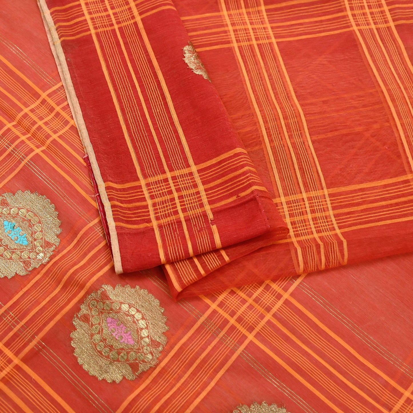 Indian Vintage Sari Orange Pure Cotton Hand Woven Sarees Craft Fabric 5Yd Sewing Soft Crafting Dress making Upcycle Quilting Zari