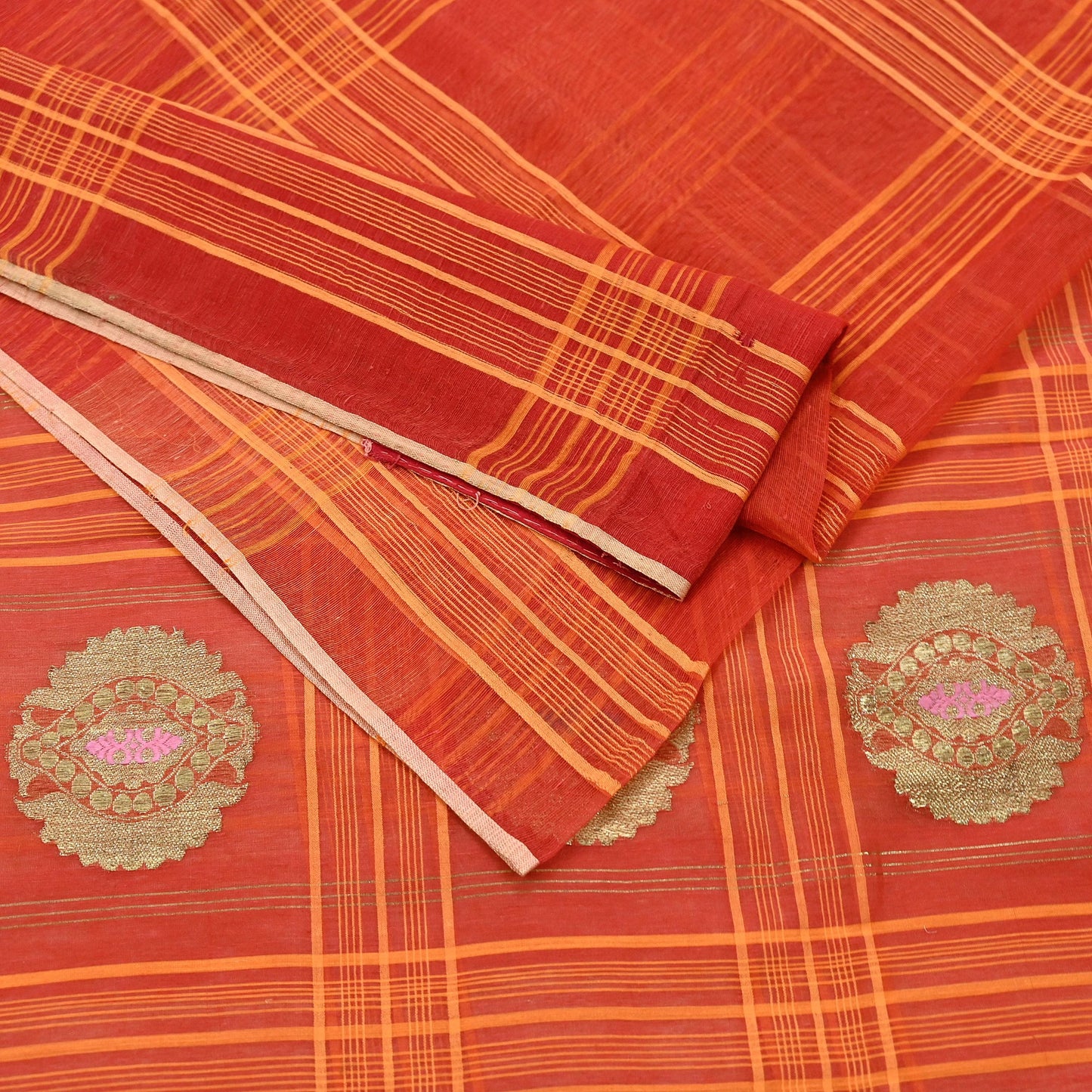 Indian Vintage Sari Orange Pure Cotton Hand Woven Sarees Craft Fabric 5Yd Sewing Soft Crafting Dress making Upcycle Quilting Zari