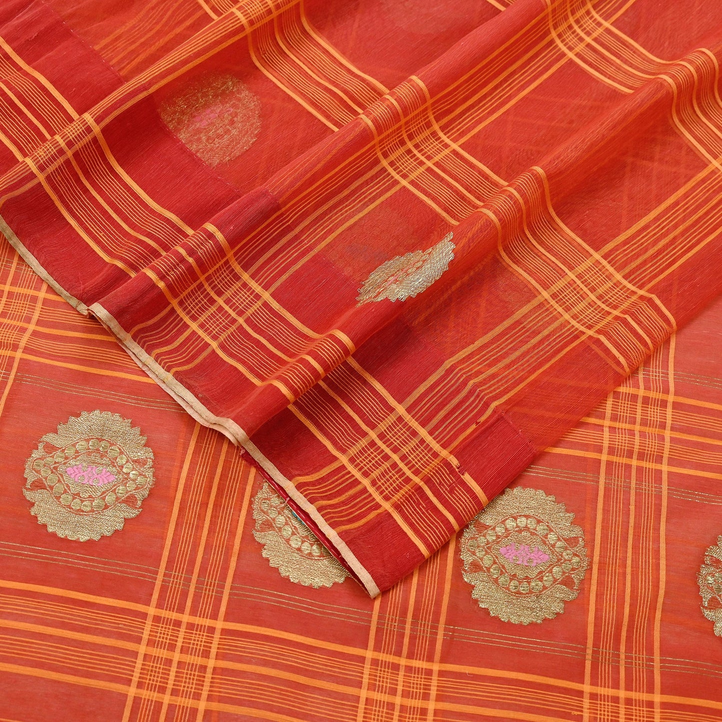Indian Vintage Sari Orange Pure Cotton Hand Woven Sarees Craft Fabric 5Yd Sewing Soft Crafting Dress making Upcycle Quilting Zari