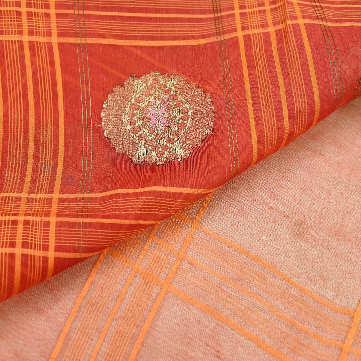 Indian Vintage Sari Orange Pure Cotton Hand Woven Sarees Craft Fabric 5Yd Sewing Soft Crafting Dress making Upcycle Quilting Zari