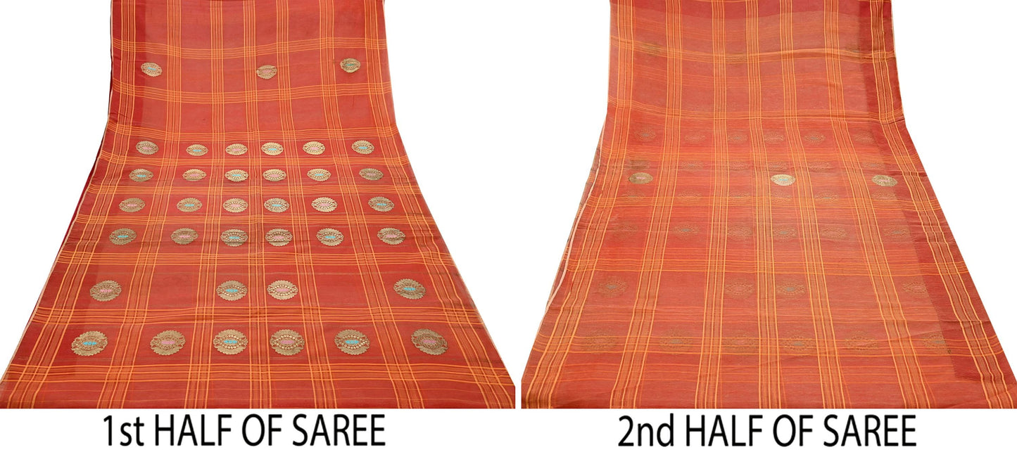 Indian Vintage Sari Orange Pure Cotton Hand Woven Sarees Craft Fabric 5Yd Sewing Soft Crafting Dress making Upcycle Quilting Zari