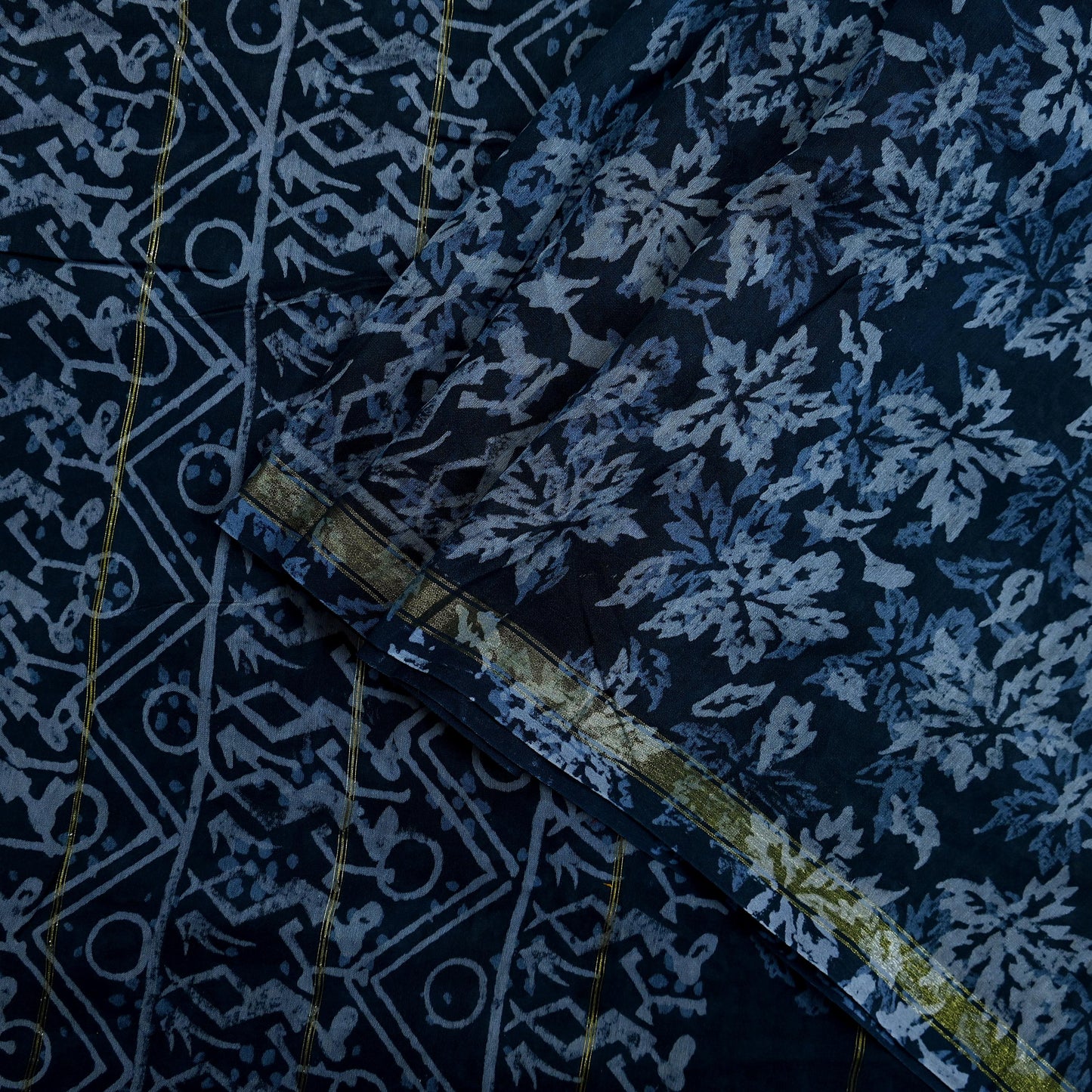 Indian Vintage Sari Black Pure chanderi Silk Bagru Printed Sarees Fabric 5Yd Floral Soft Golden Zari Border Ethnic Dress making Upcycle