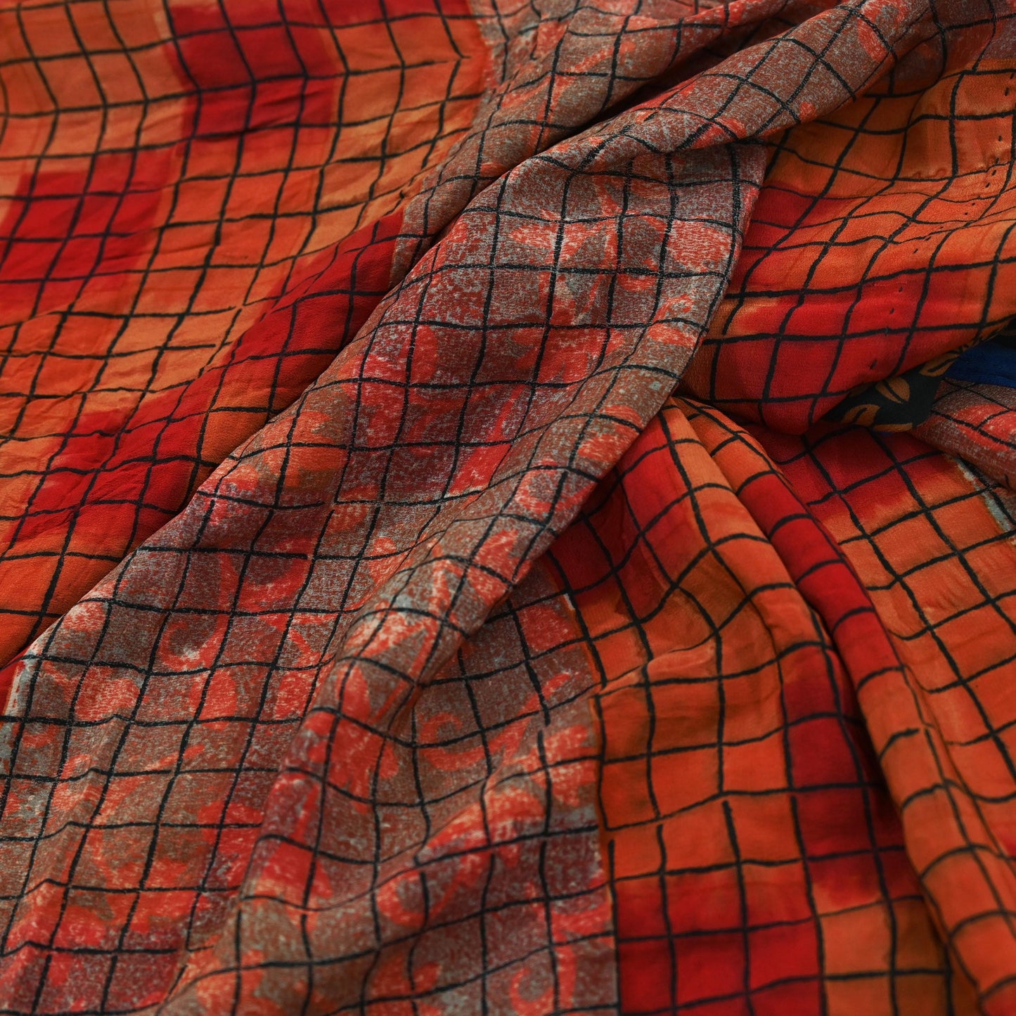 Indian Vintage Sari Orange & Red Pure Crepe Silk Printed Saree 5yd Sewing Floral Soft Craft Fabric Wrap Dress making Crafting Quilting