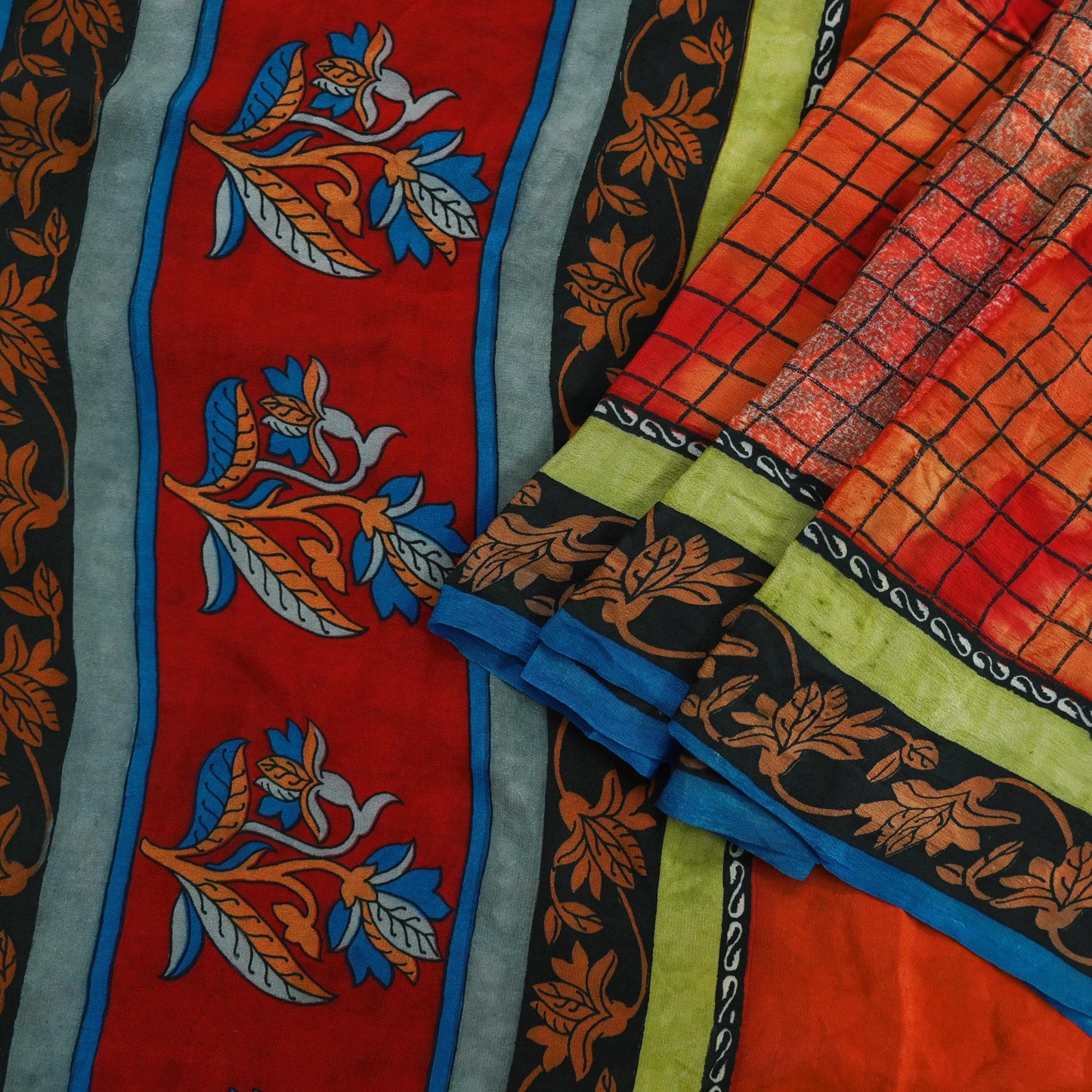 Indian Vintage Sari Orange & Red Pure Crepe Silk Printed Saree 5yd Sewing Floral Soft Craft Fabric Wrap Dress making Crafting Quilting