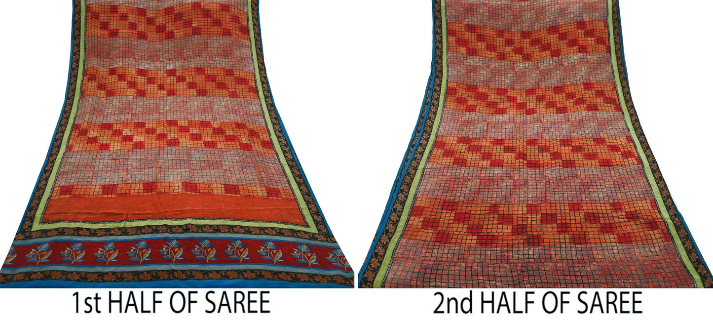 Indian Vintage Sari Orange & Red Pure Crepe Silk Printed Saree 5yd Sewing Floral Soft Craft Fabric Wrap Dress making Crafting Quilting