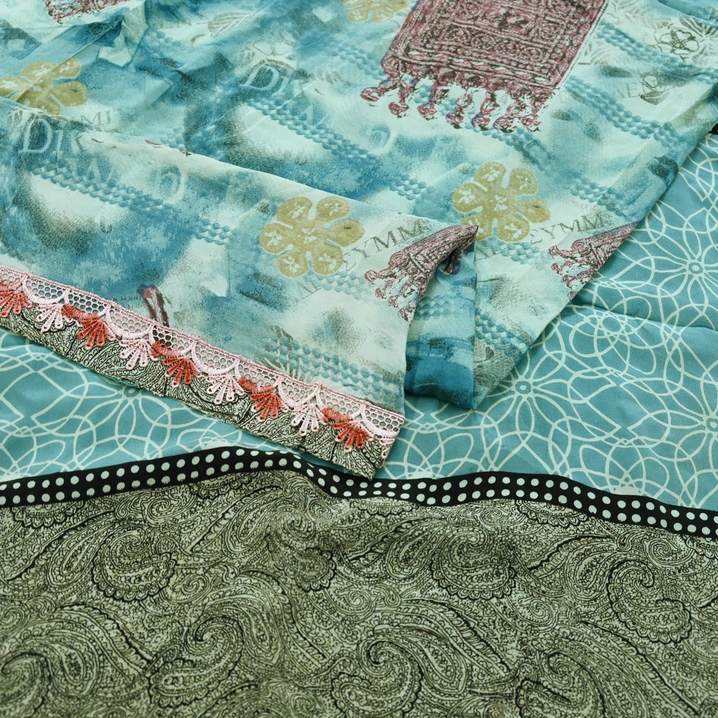 Indian Vintage Sari Blue Pure Crepe Silk Printed Saree 5yd Sewing Floral Soft Craft Fabric Wrap Dress making Crafting Quilting