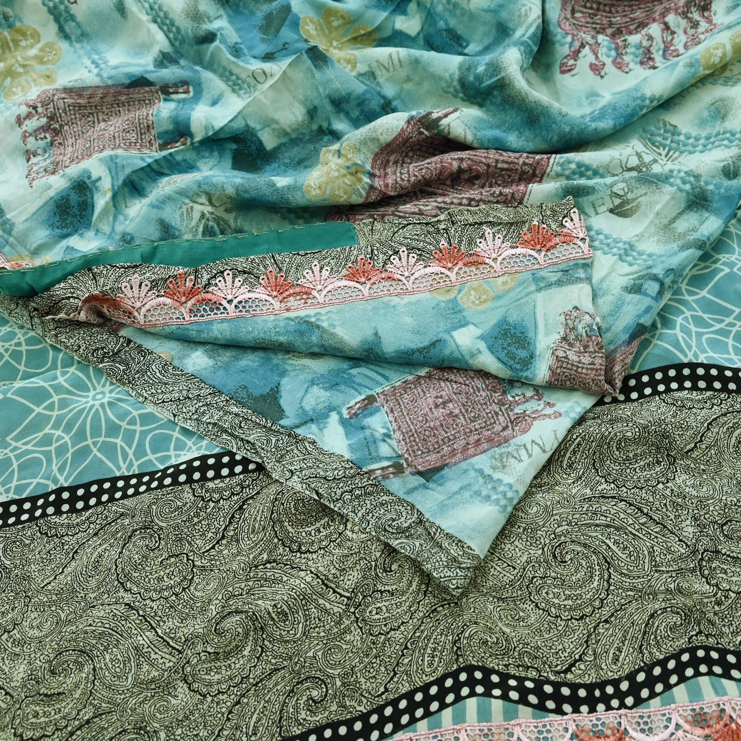 Indian Vintage Sari Blue Pure Crepe Silk Printed Saree 5yd Sewing Floral Soft Craft Fabric Wrap Dress making Crafting Quilting