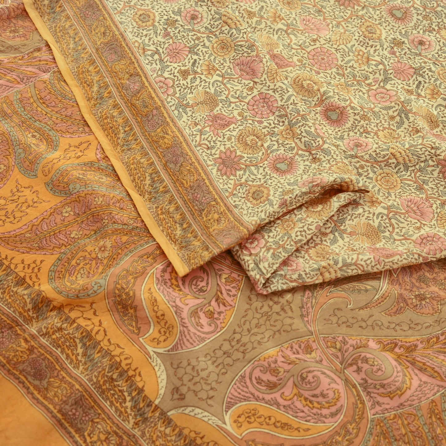Indian Vintage Sari Beige Pure Crepe Silk Printed Sarees 5yd Sewing Floral Soft Craft Fabric Wrap Dress making Crafting Quilting Used