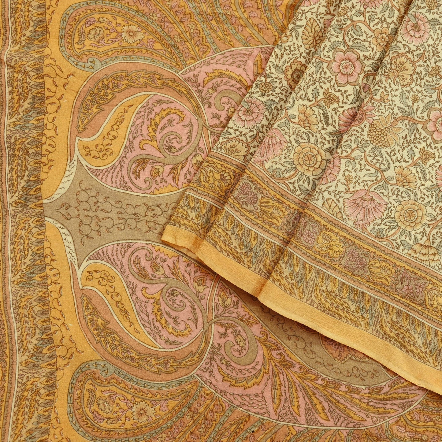 Indian Vintage Sari Beige Pure Crepe Silk Printed Sarees 5yd Sewing Floral Soft Craft Fabric Wrap Dress making Crafting Quilting Used