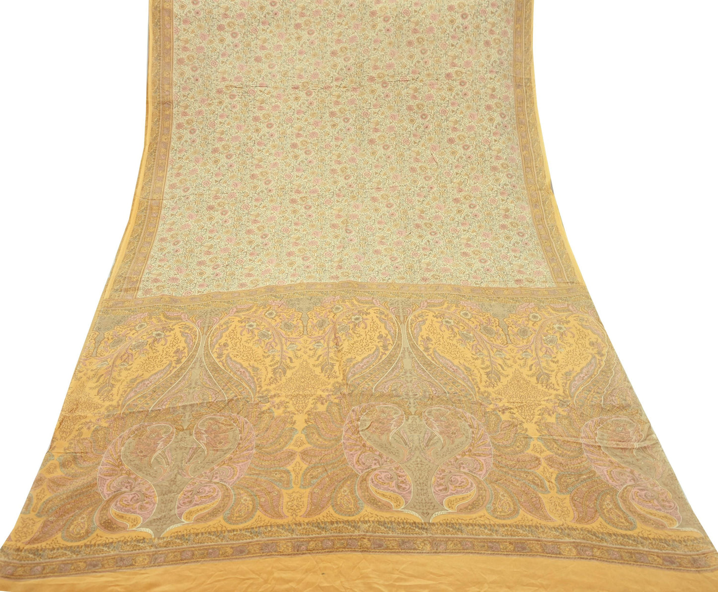 Indian Vintage Sari Beige Pure Crepe Silk Printed Sarees 5yd Sewing Floral Soft Craft Fabric Wrap Dress making Crafting Quilting Used