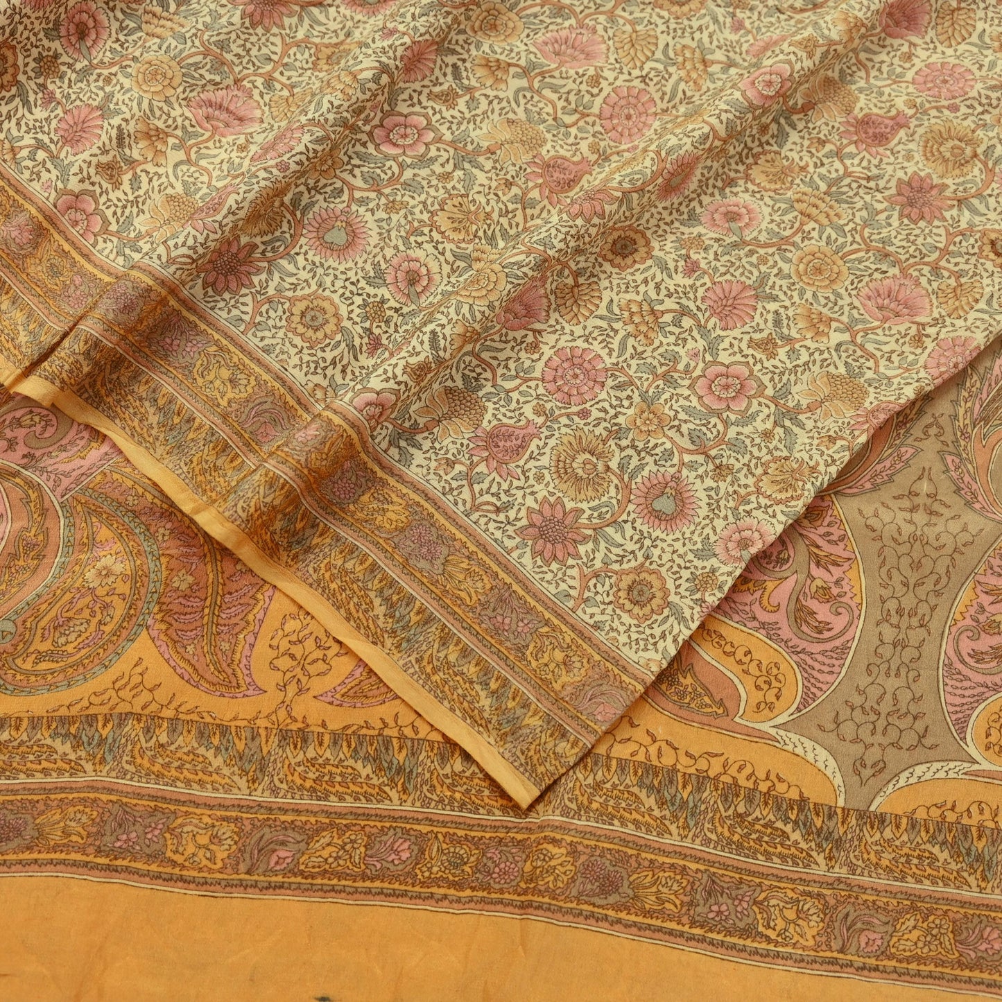 Indian Vintage Sari Beige Pure Crepe Silk Printed Sarees 5yd Sewing Floral Soft Craft Fabric Wrap Dress making Crafting Quilting Used