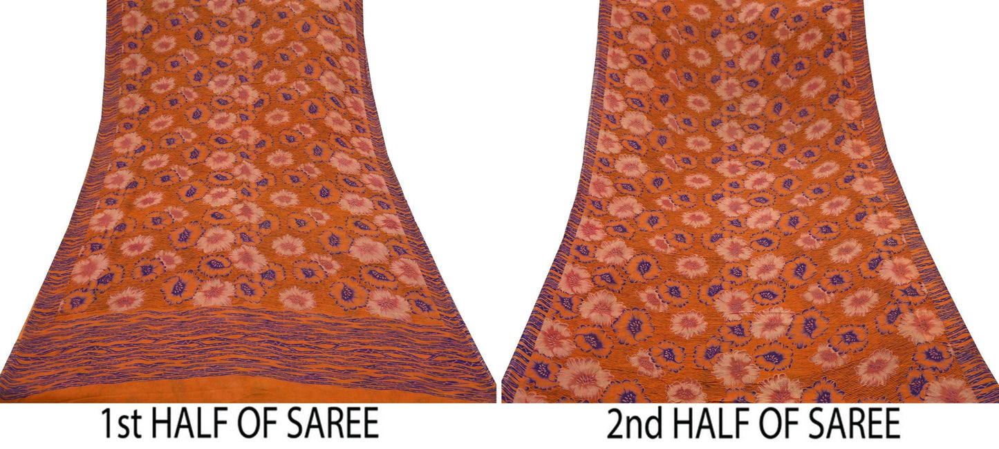 Indian Vintage Sari Orange Pure Georgette Silk Printed Sarees 6Yd Craft Fabric Sewing Quilting Dress making Crafting Dress Designing