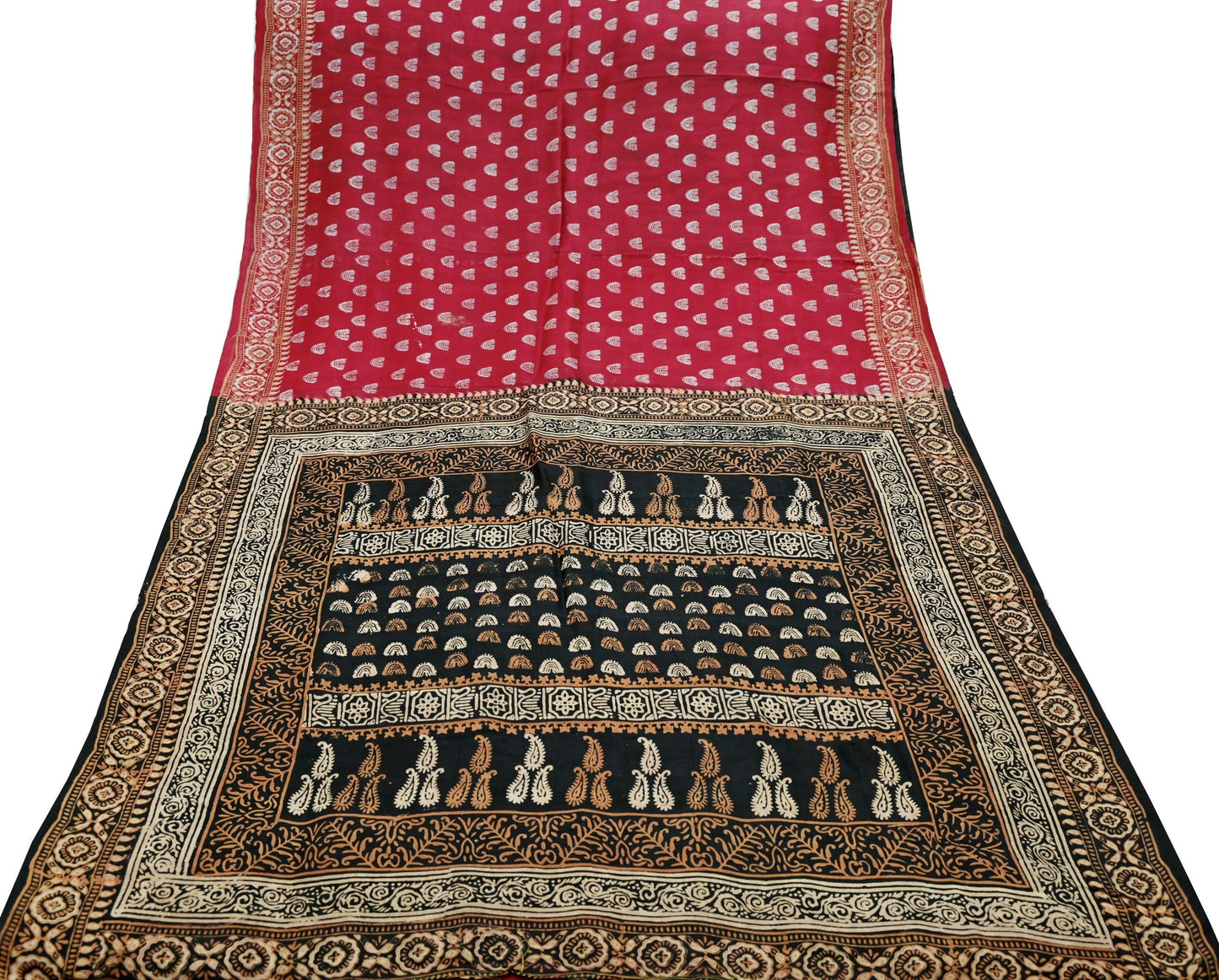 Indian Vintage Sari Black & Red Pure Silk Block Printed Sarees 5yd Sewing Craft Fabric Dress Making Soft Quilting Crafting Upcycle Used