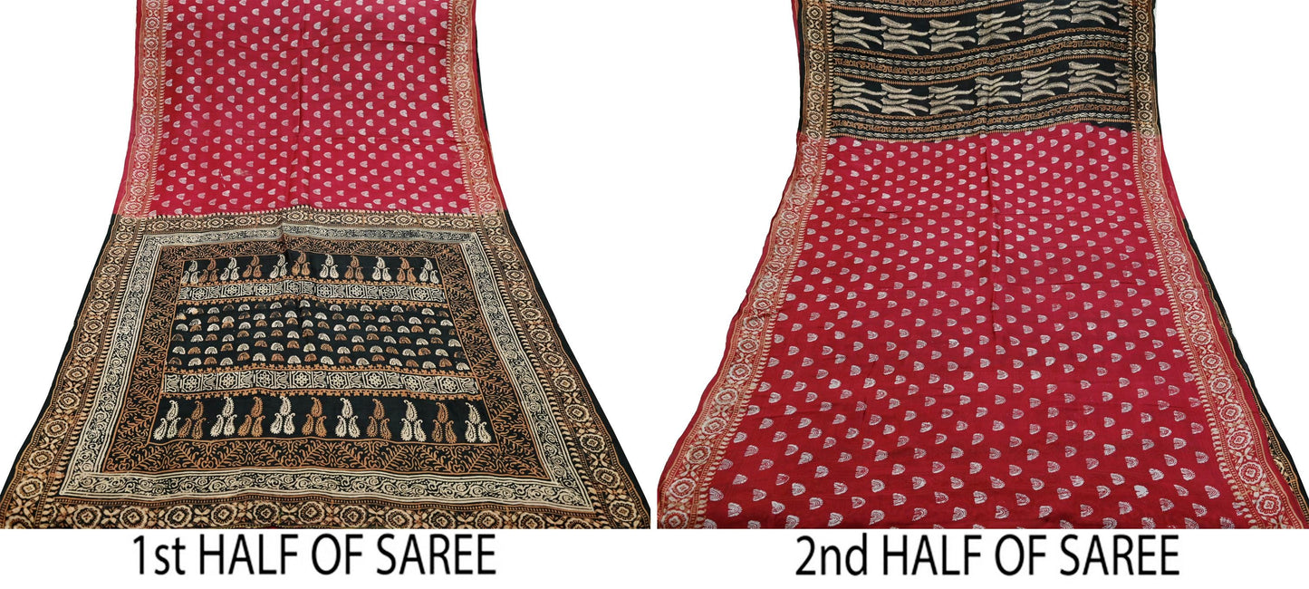 Indian Vintage Sari Black & Red Pure Silk Block Printed Sarees 5yd Sewing Craft Fabric Dress Making Soft Quilting Crafting Upcycle Used