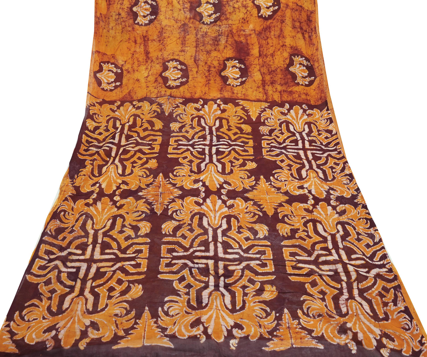Indian Vintage Saffron & Brown Saree Batik Printed 100% Pure Cotton Sari Craft Fabric Soft 5Yd Sewing Sarong Wrap Boho Dress Making Upcycle
