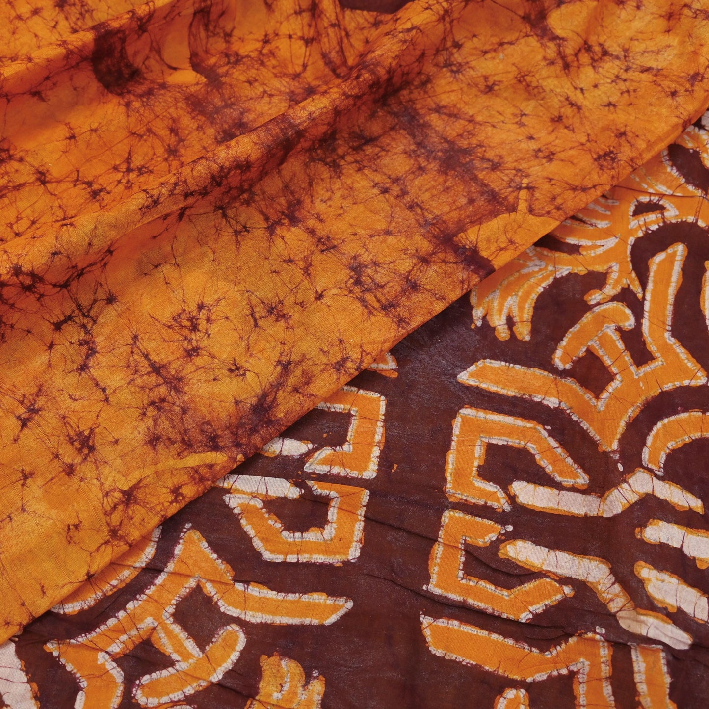 Indian Vintage Saffron & Brown Saree Batik Printed 100% Pure Cotton Sari Craft Fabric Soft 5Yd Sewing Sarong Wrap Boho Dress Making Upcycle