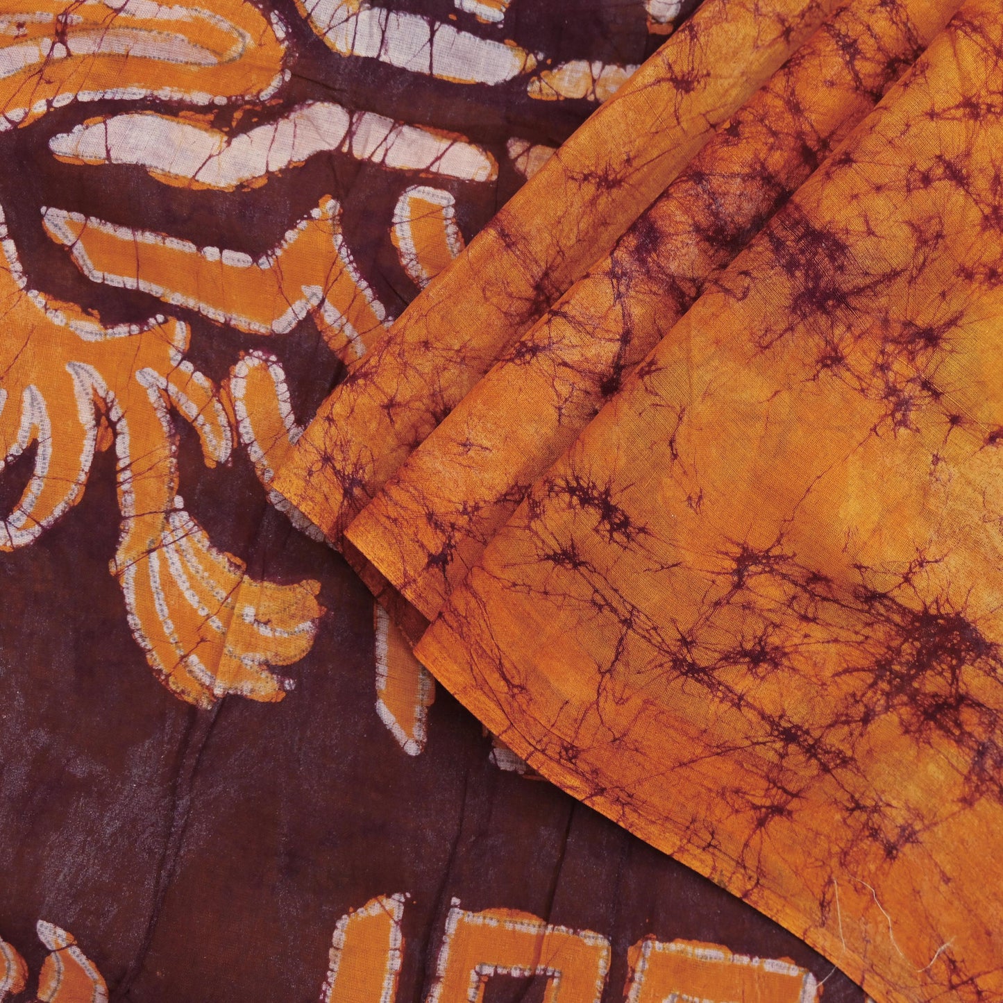 Indian Vintage Saffron & Brown Saree Batik Printed 100% Pure Cotton Sari Craft Fabric Soft 5Yd Sewing Sarong Wrap Boho Dress Making Upcycle