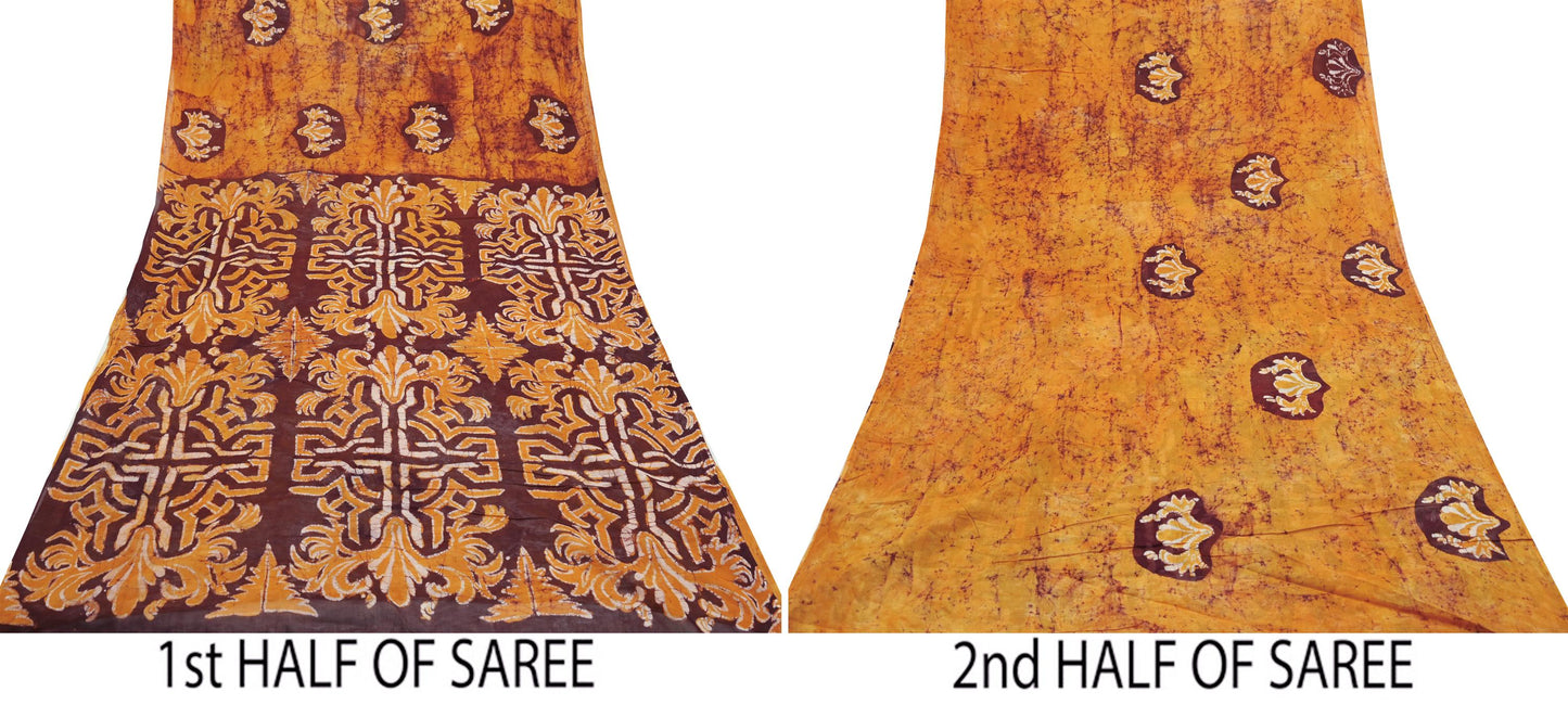 Indian Vintage Saffron & Brown Saree Batik Printed 100% Pure Cotton Sari Craft Fabric Soft 5Yd Sewing Sarong Wrap Boho Dress Making Upcycle