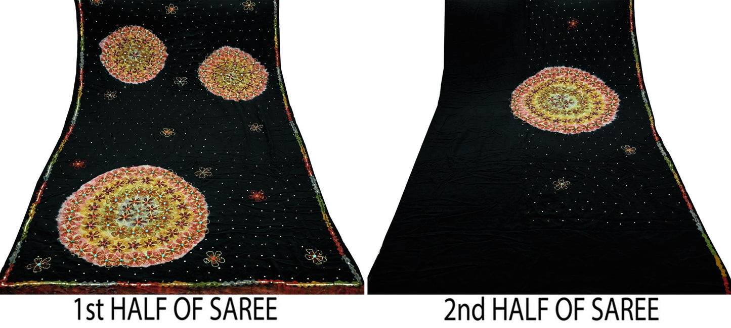 Indian Vintage Sari Black Pure Crepe Silk Hand Embroidered Saree 5yd Sewing Floral Craft Sequins Dress making Crafting Quilting