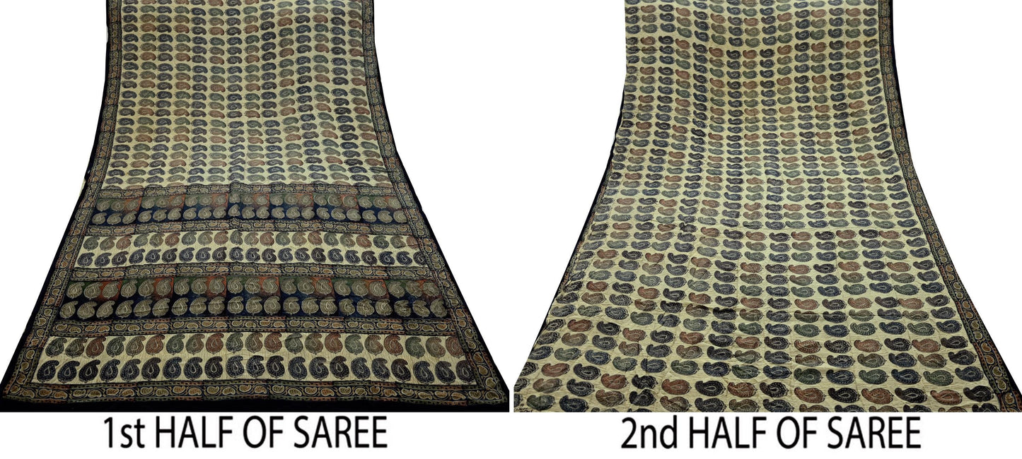Indian Vintage Sari Beige Pure Crepe Silk Printed Sarees 5yd Sewing Paisley Soft Craft Fabric Wrap Dress making Crafting Quilting Used